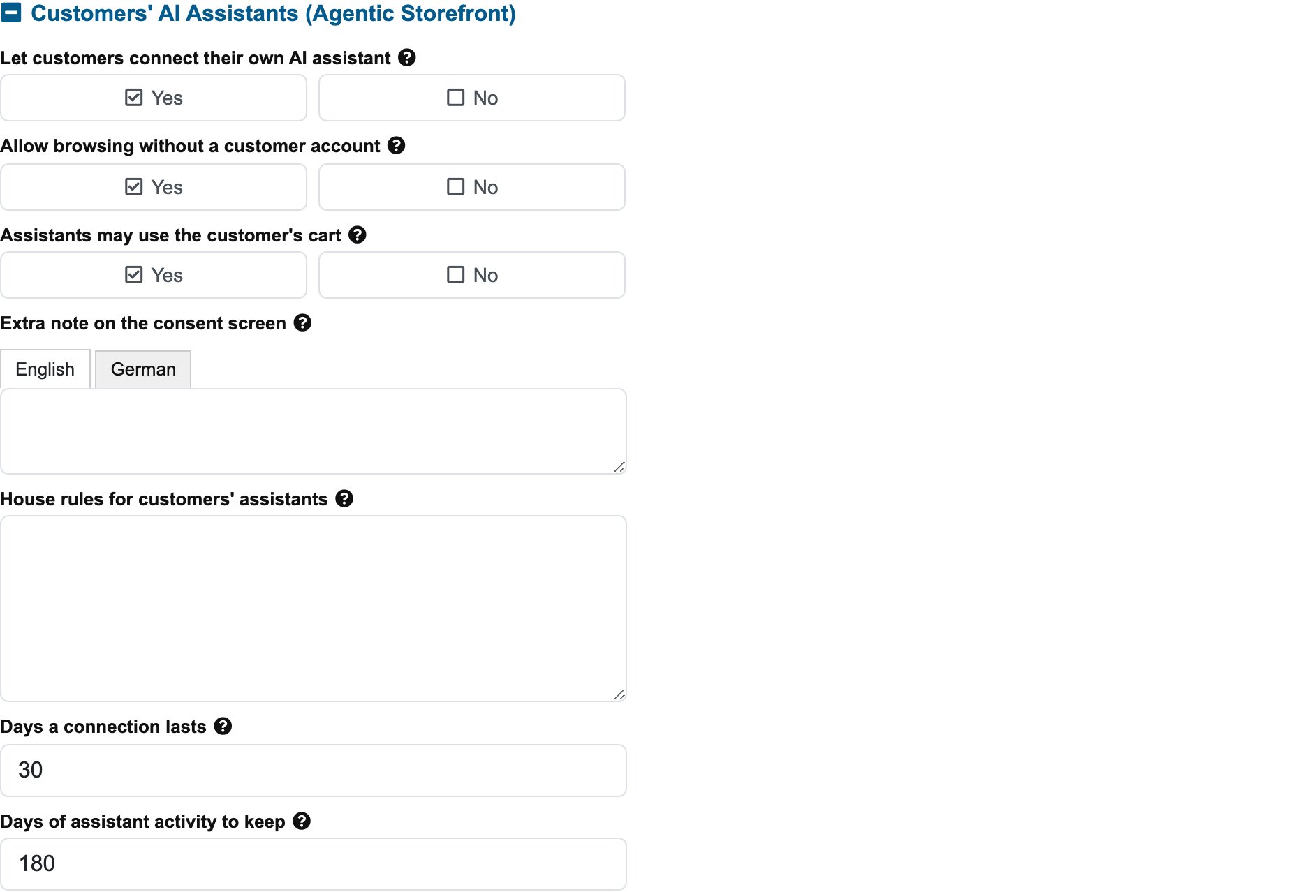 The Customers' AI Assistants settings group