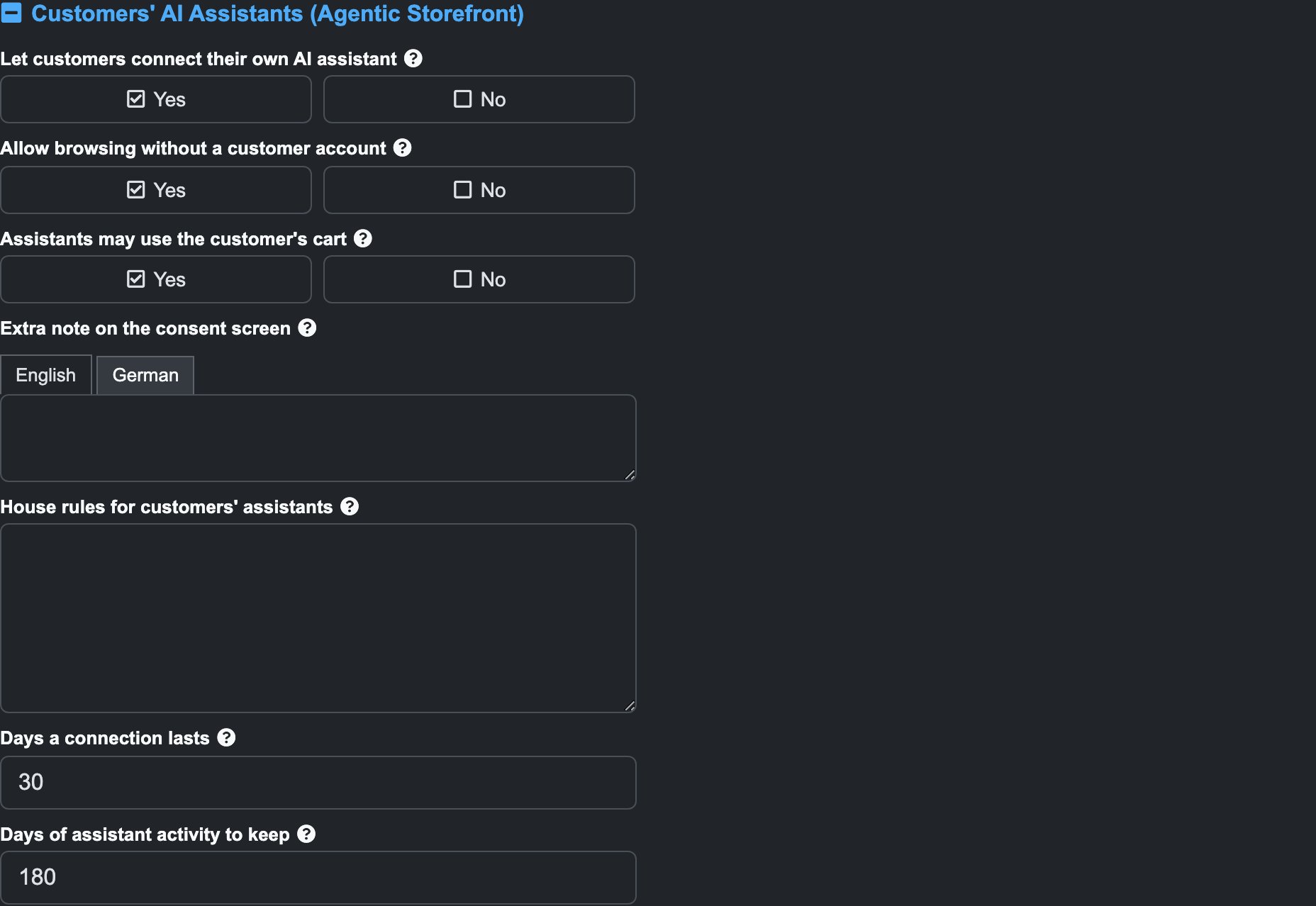 The Customers' AI Assistants settings group
