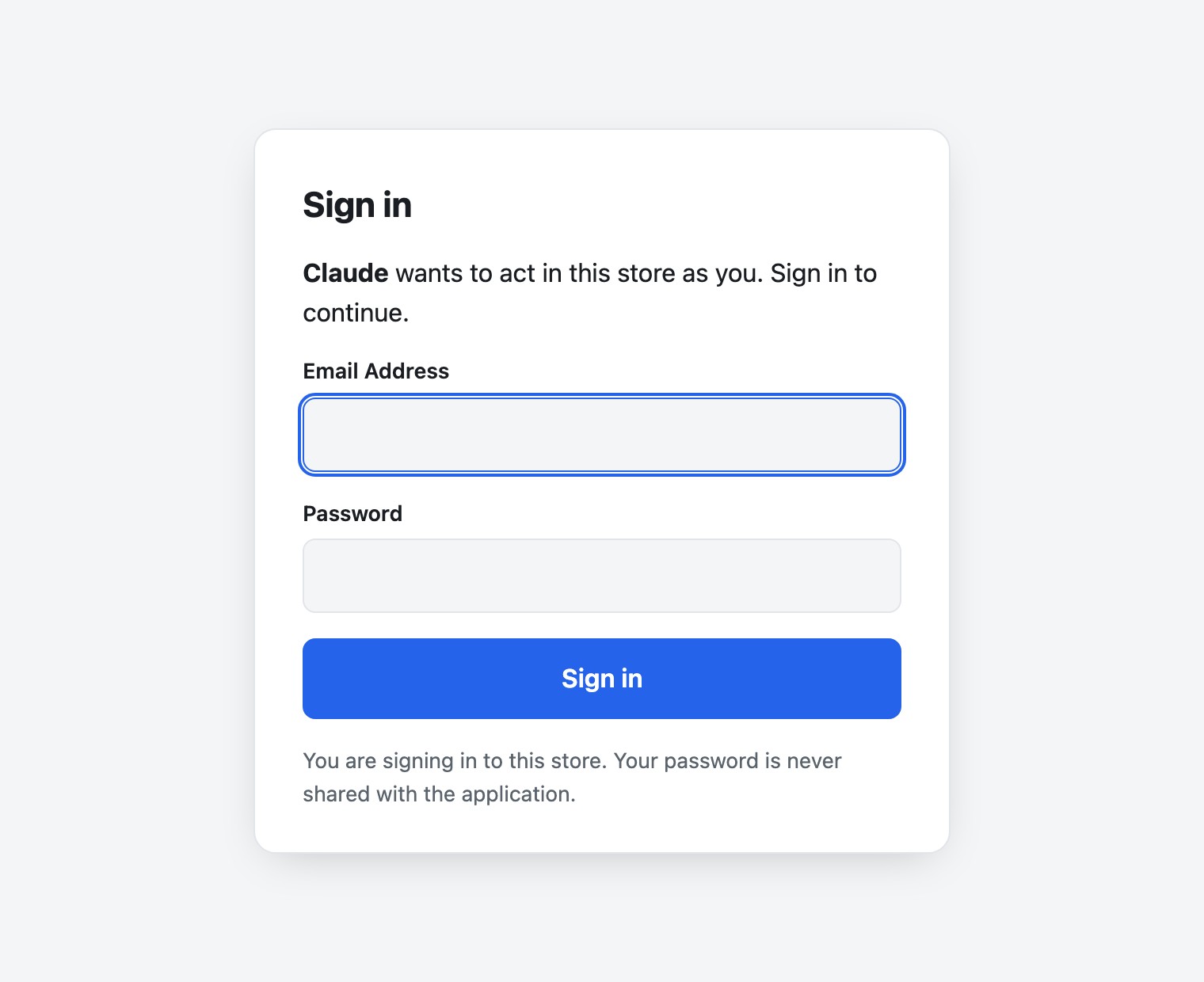 The store's own sign-in card, naming the assistant that is asking