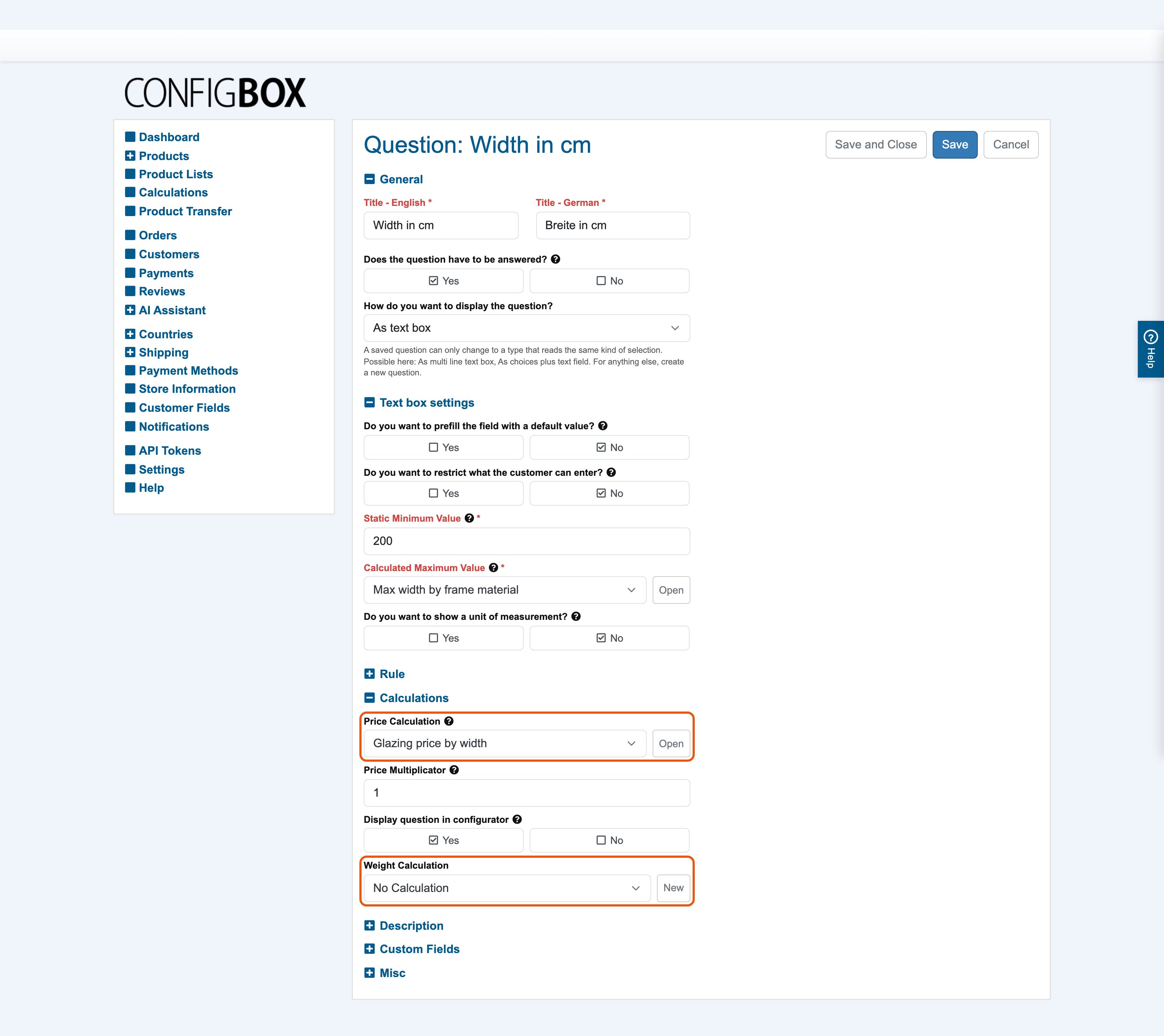 The whole question form, with the Calculations section's price and weight assignments highlighted