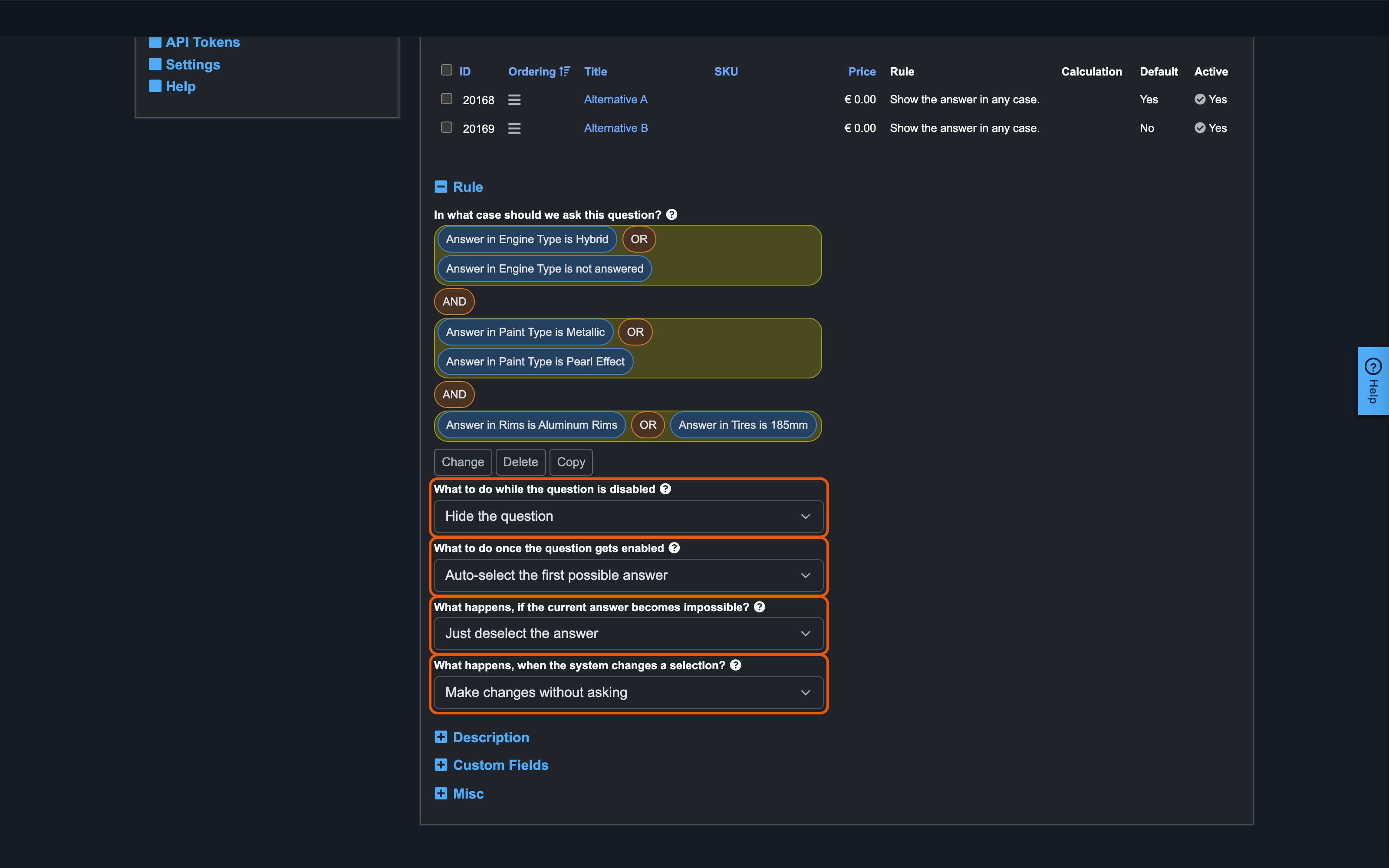The four behavior fields on the question form, highlighted — they sit in the Rule section