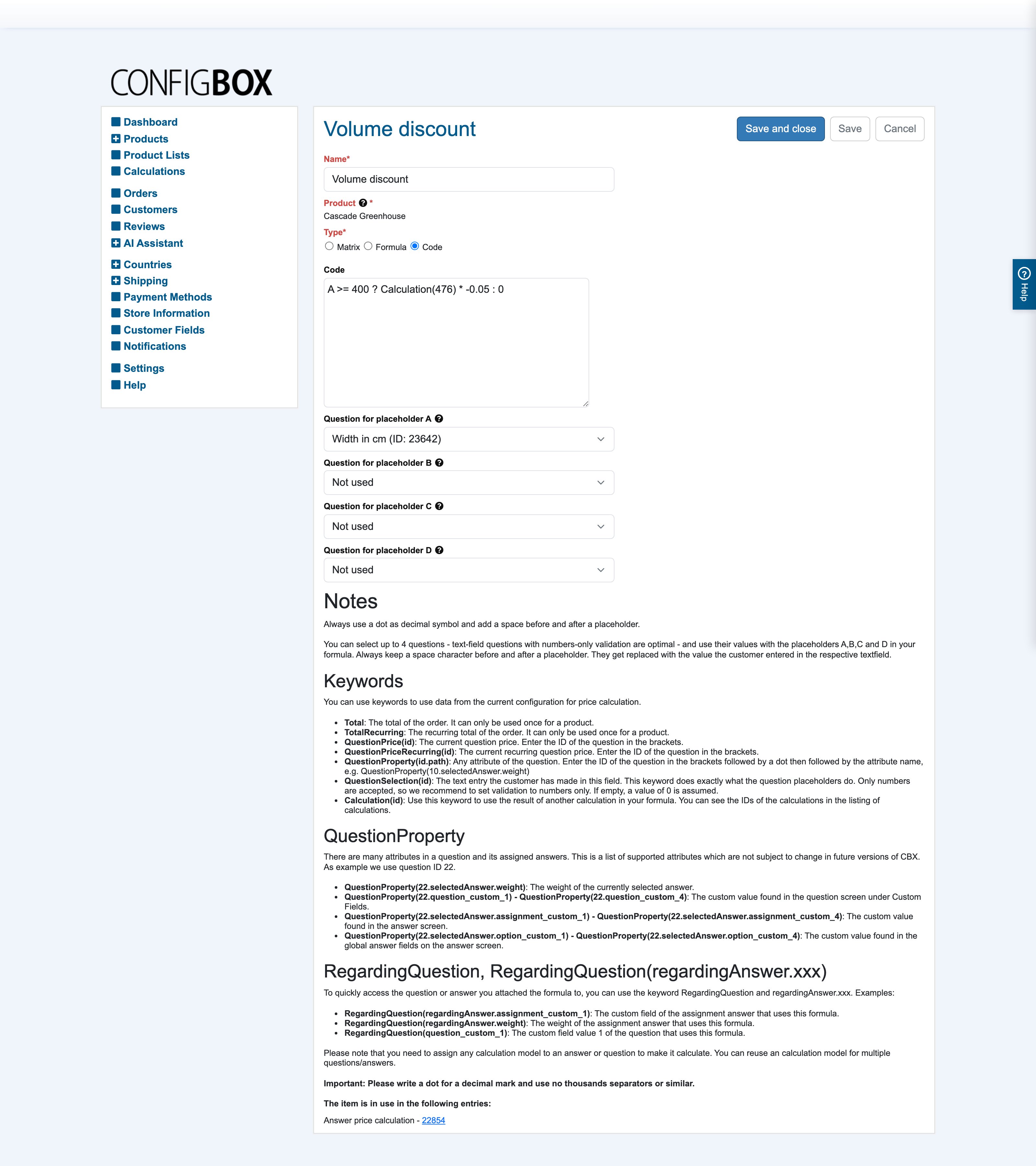 The code editor: a threshold expression on placeholder A, chaining another calculation