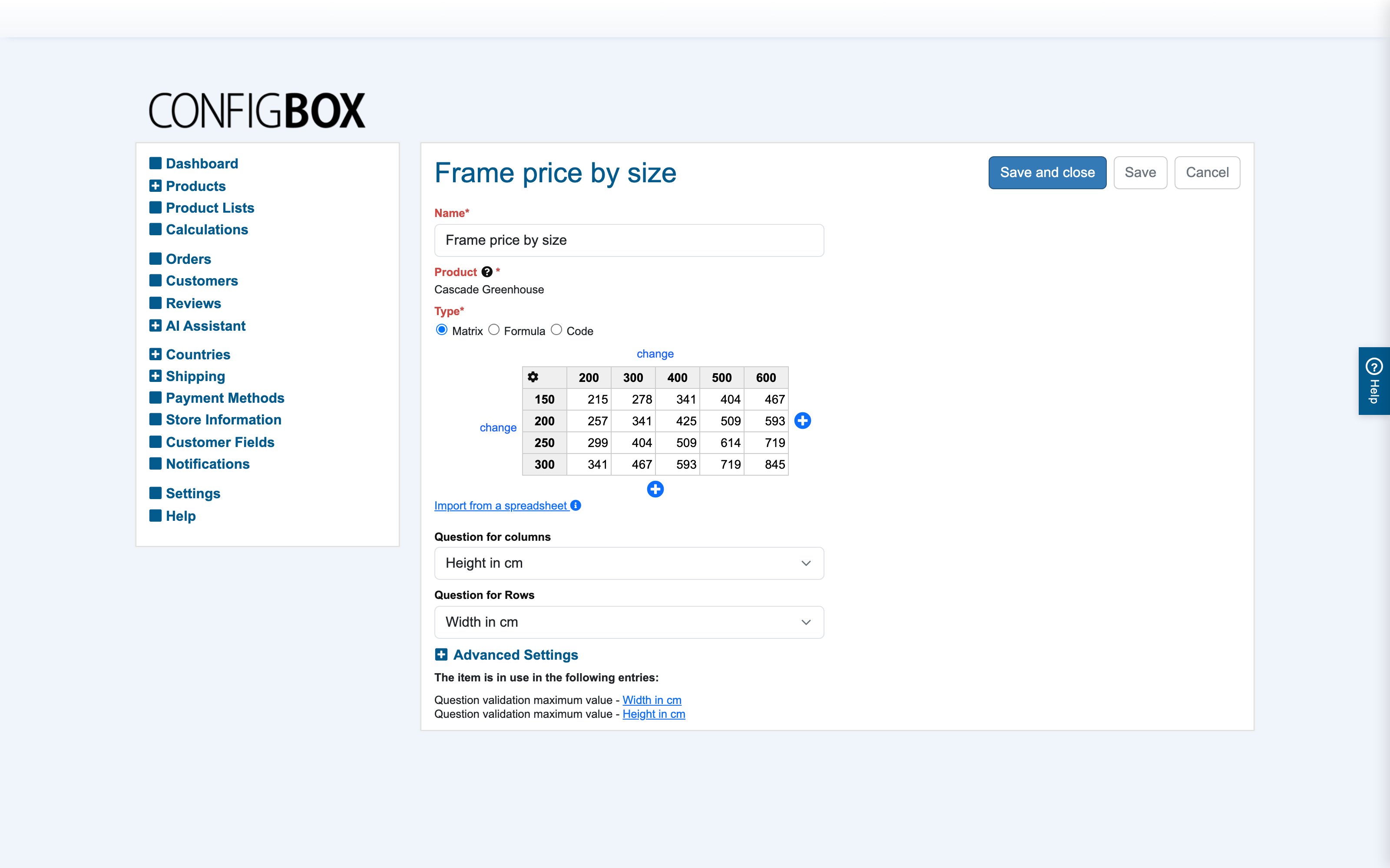 A filled Width × Height price matrix with next-higher brackets