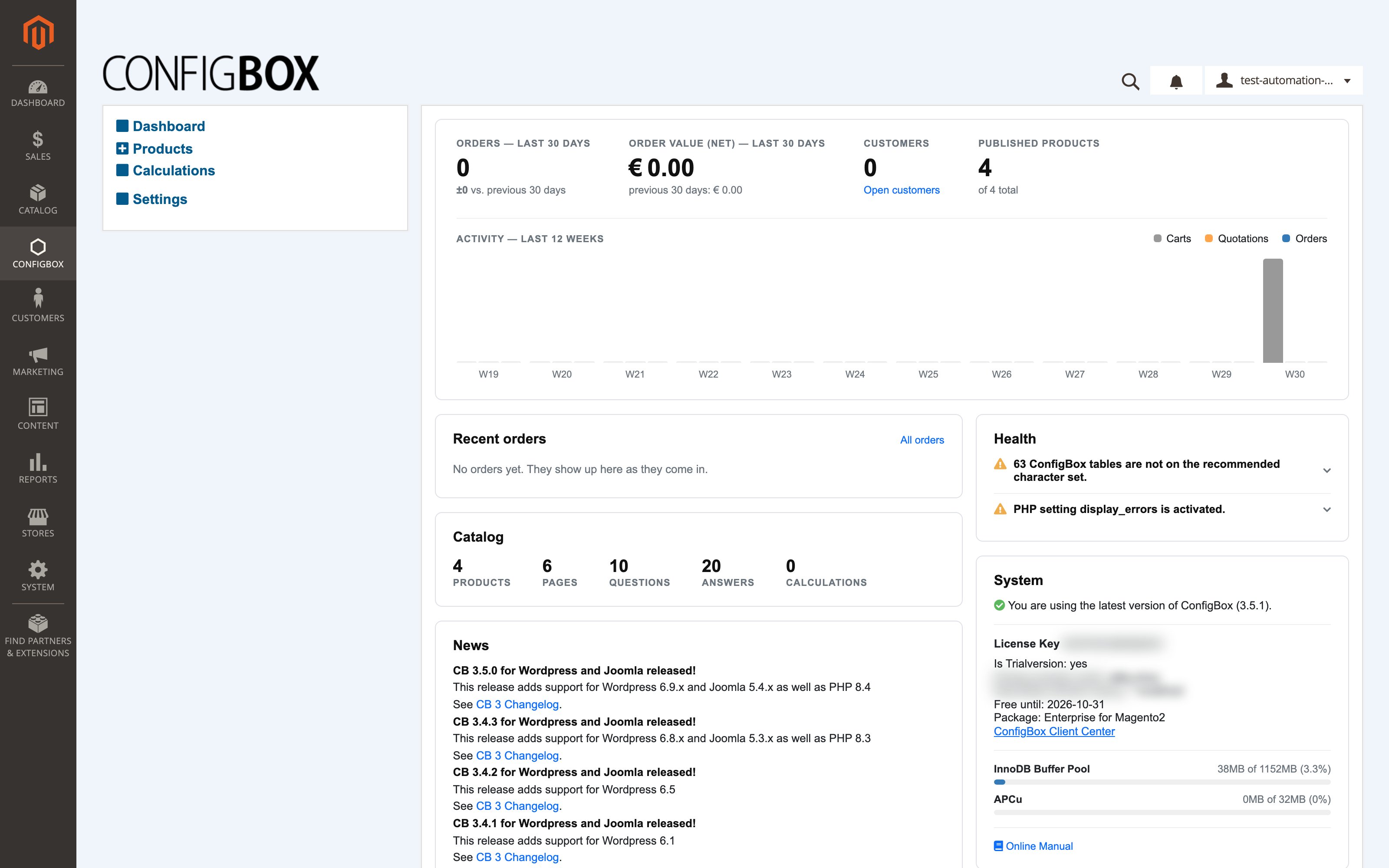 The CBX admin inside Magento, with its four-entry menu