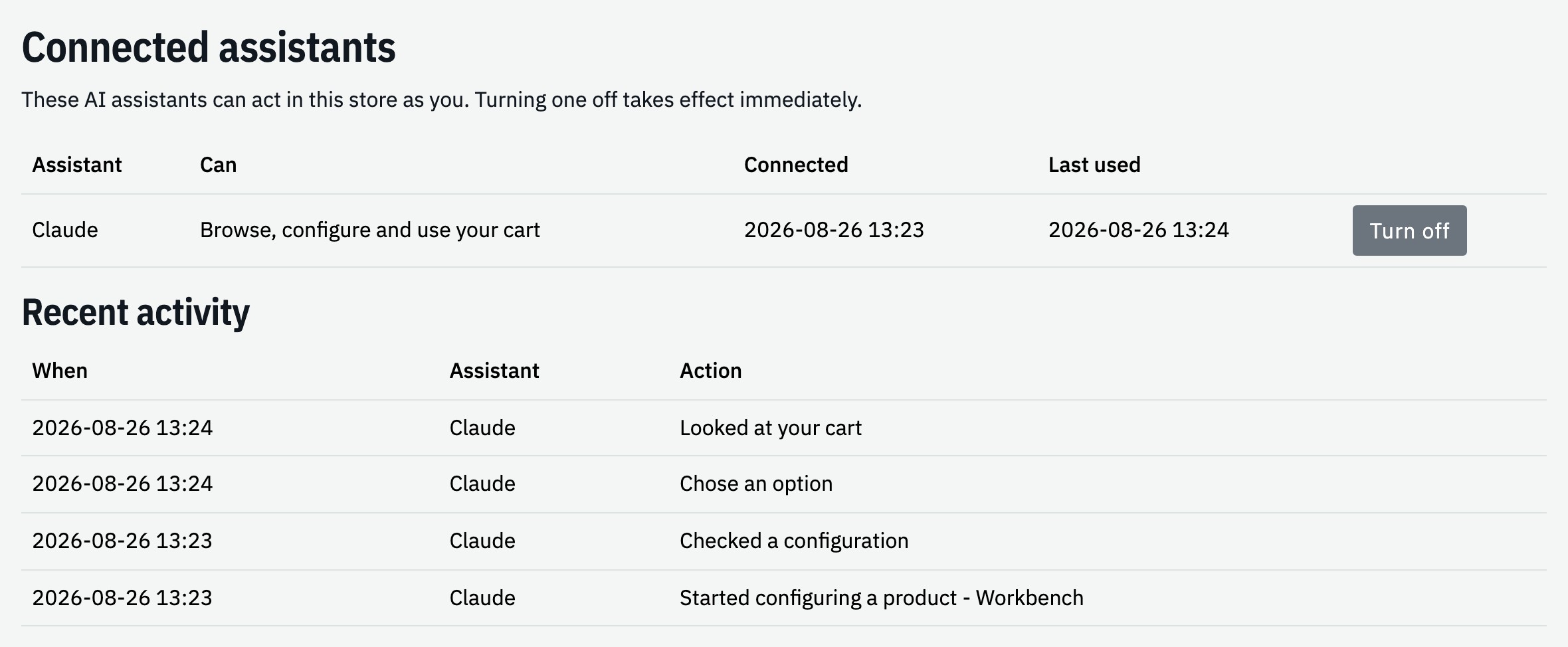 The customer's account page: connected assistants, what each has done, and a Turn off button