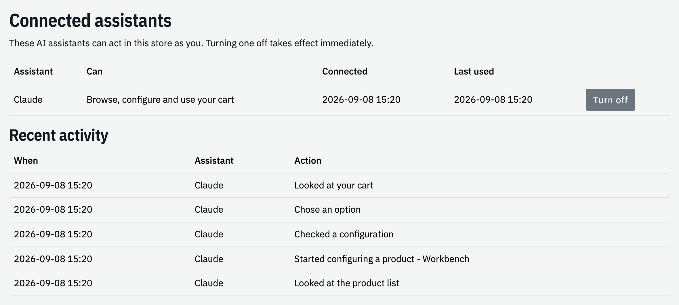 The customer's account page: connected assistants, what each has done, and a Turn off button