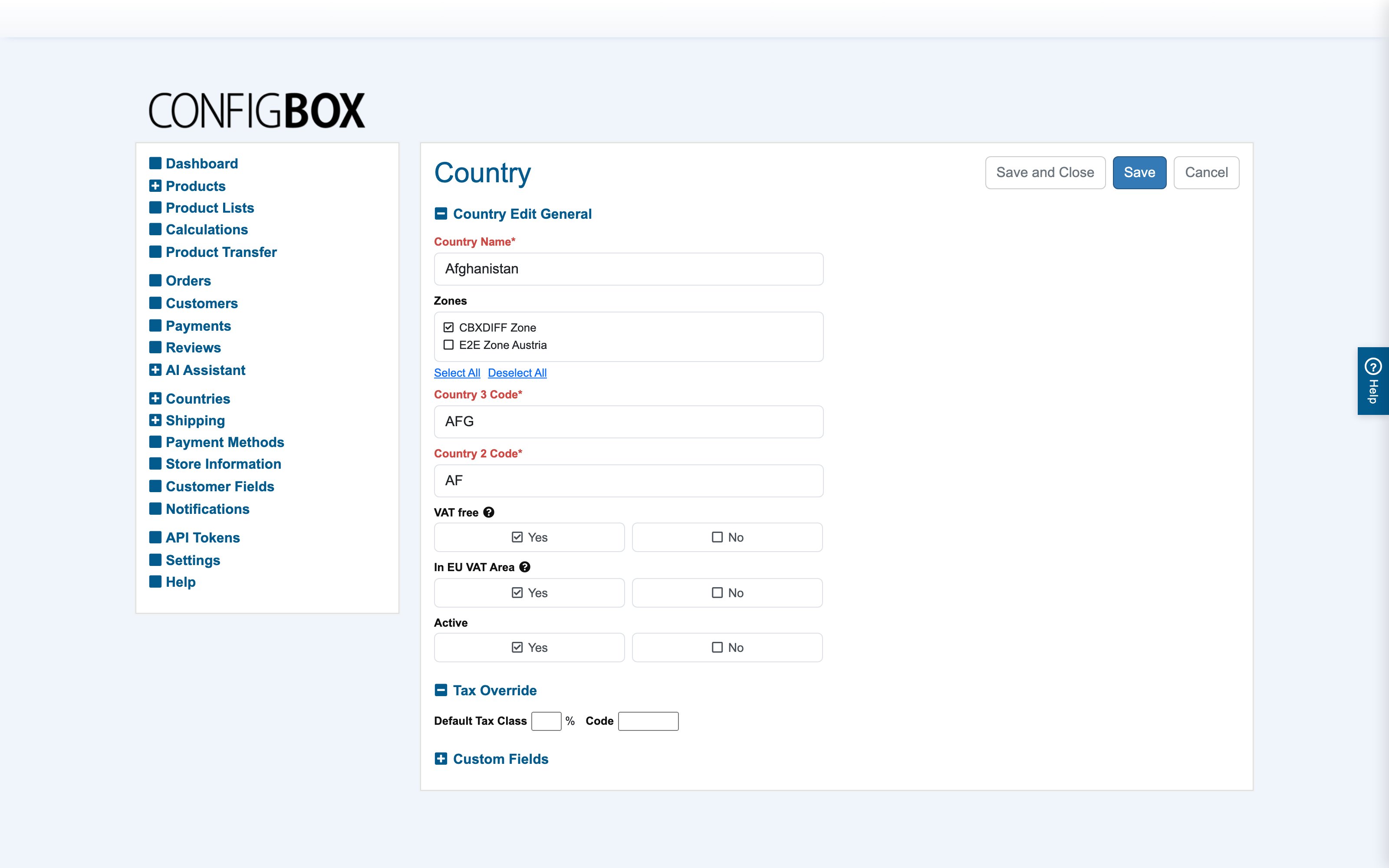The country form with its Tax Override section