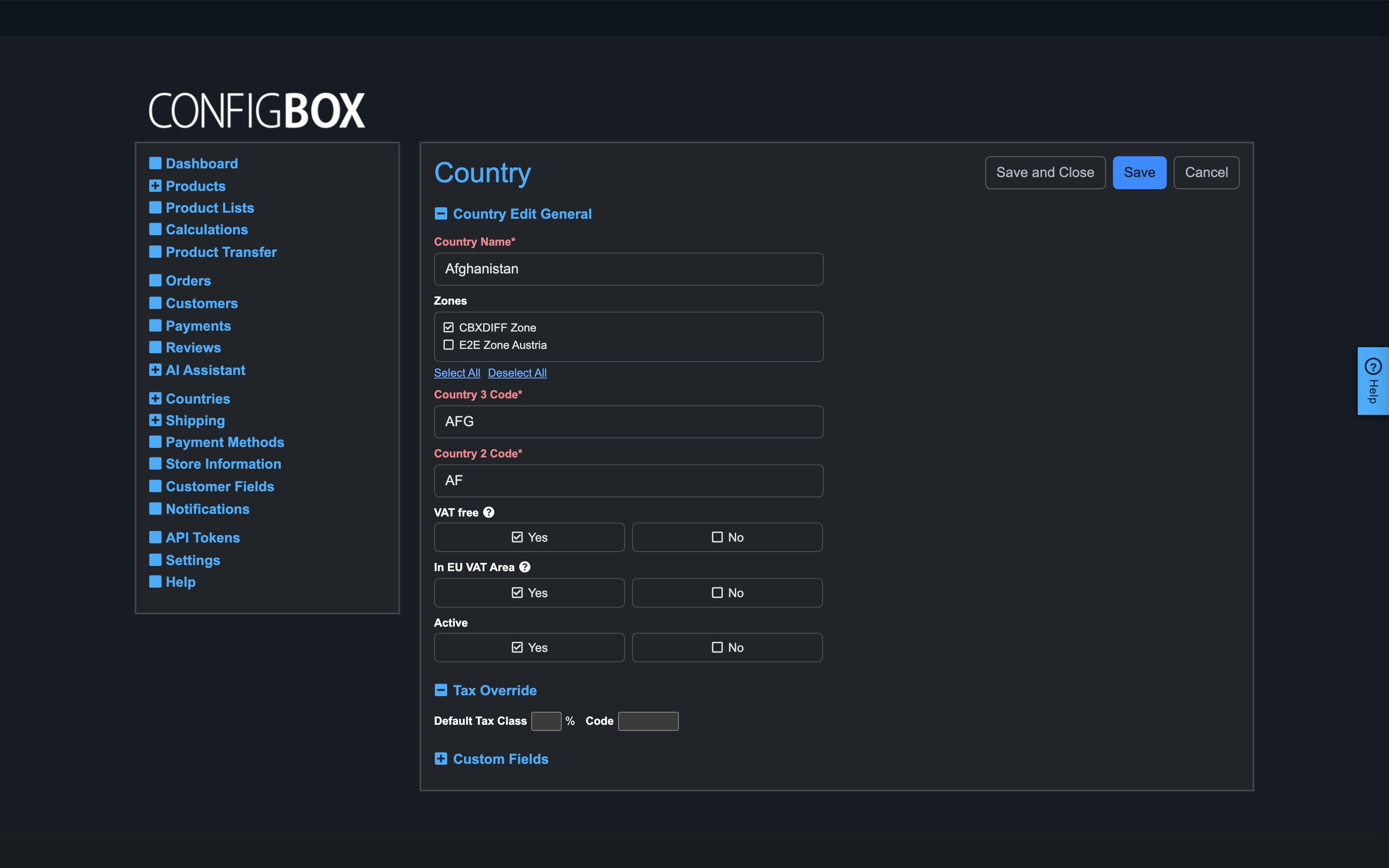 The country form with its Tax Override section