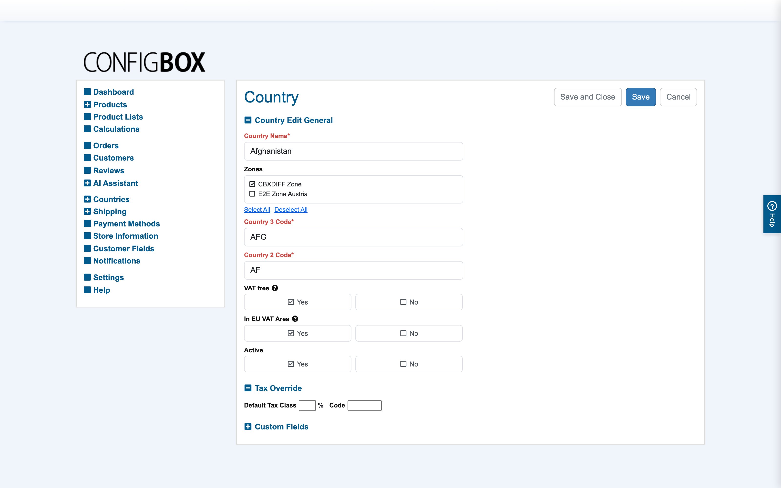 The country form with its Tax Override section