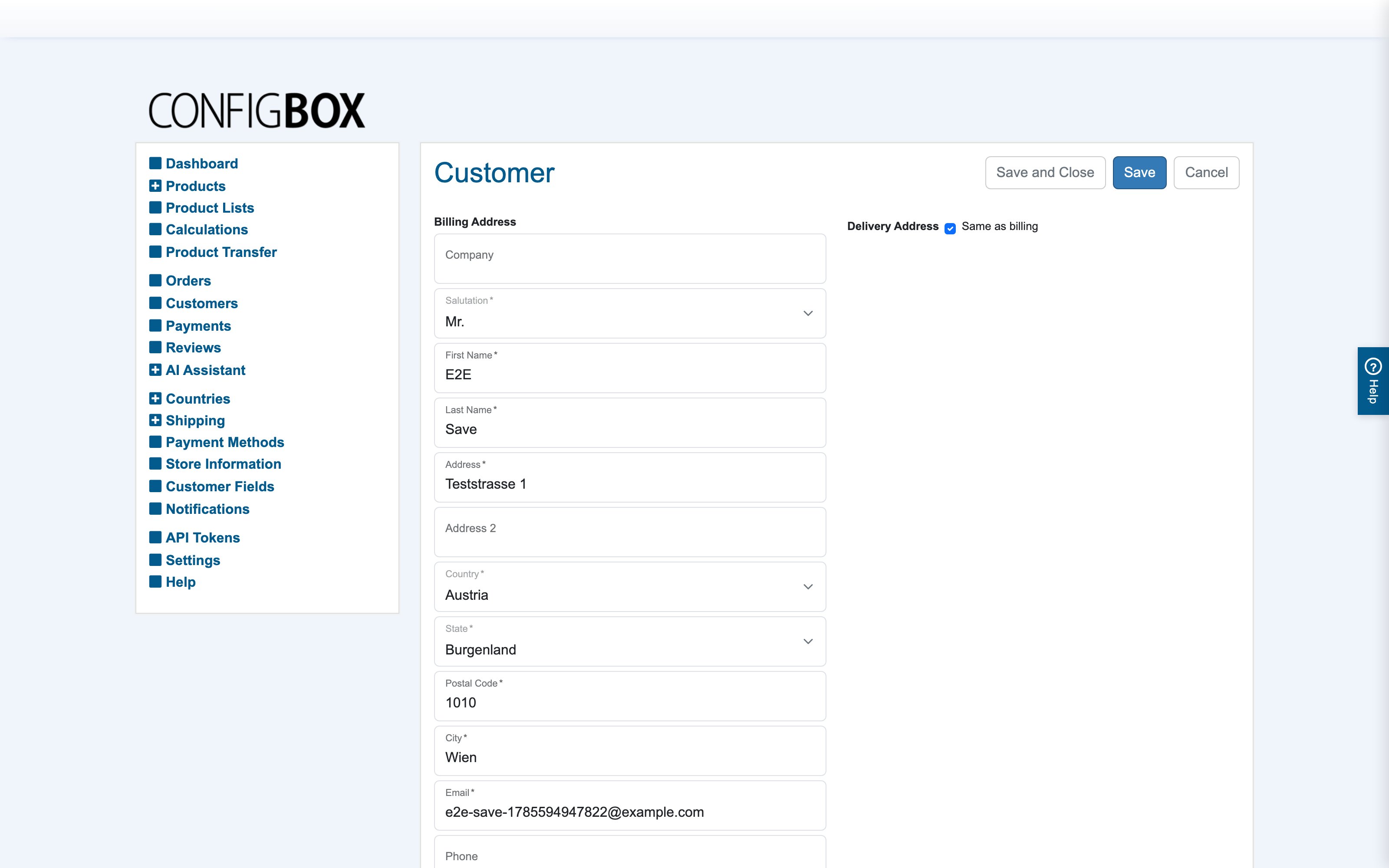 The customer form