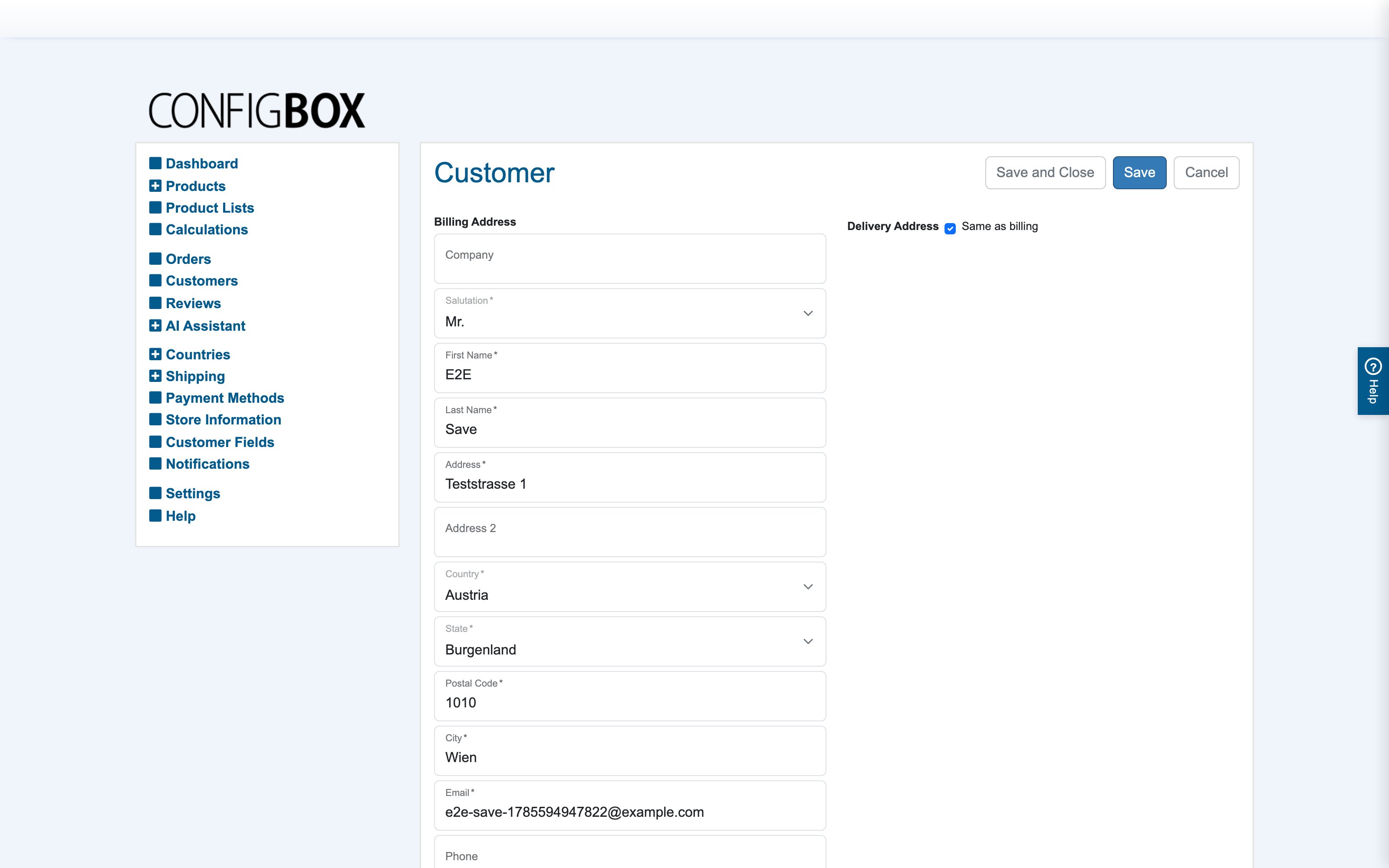 The customer form