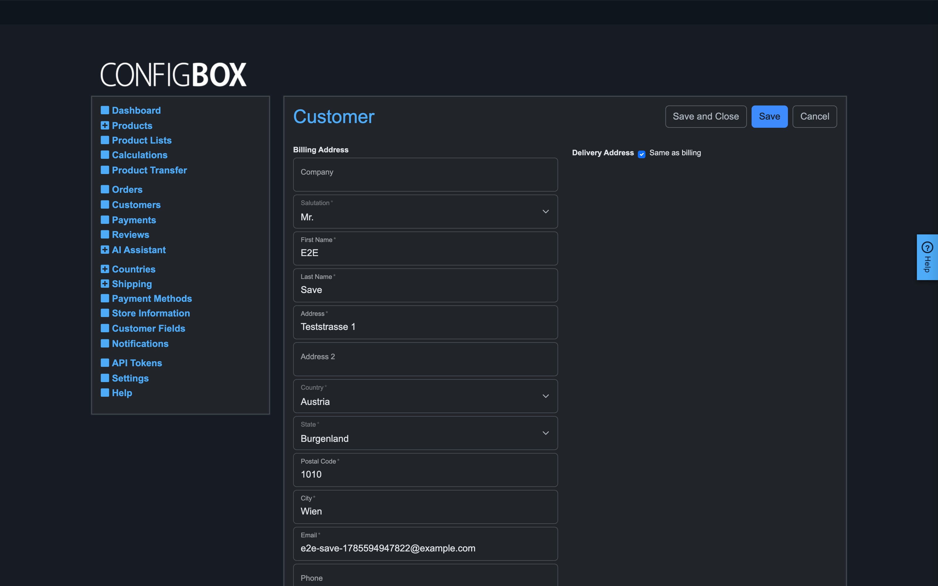 The customer form