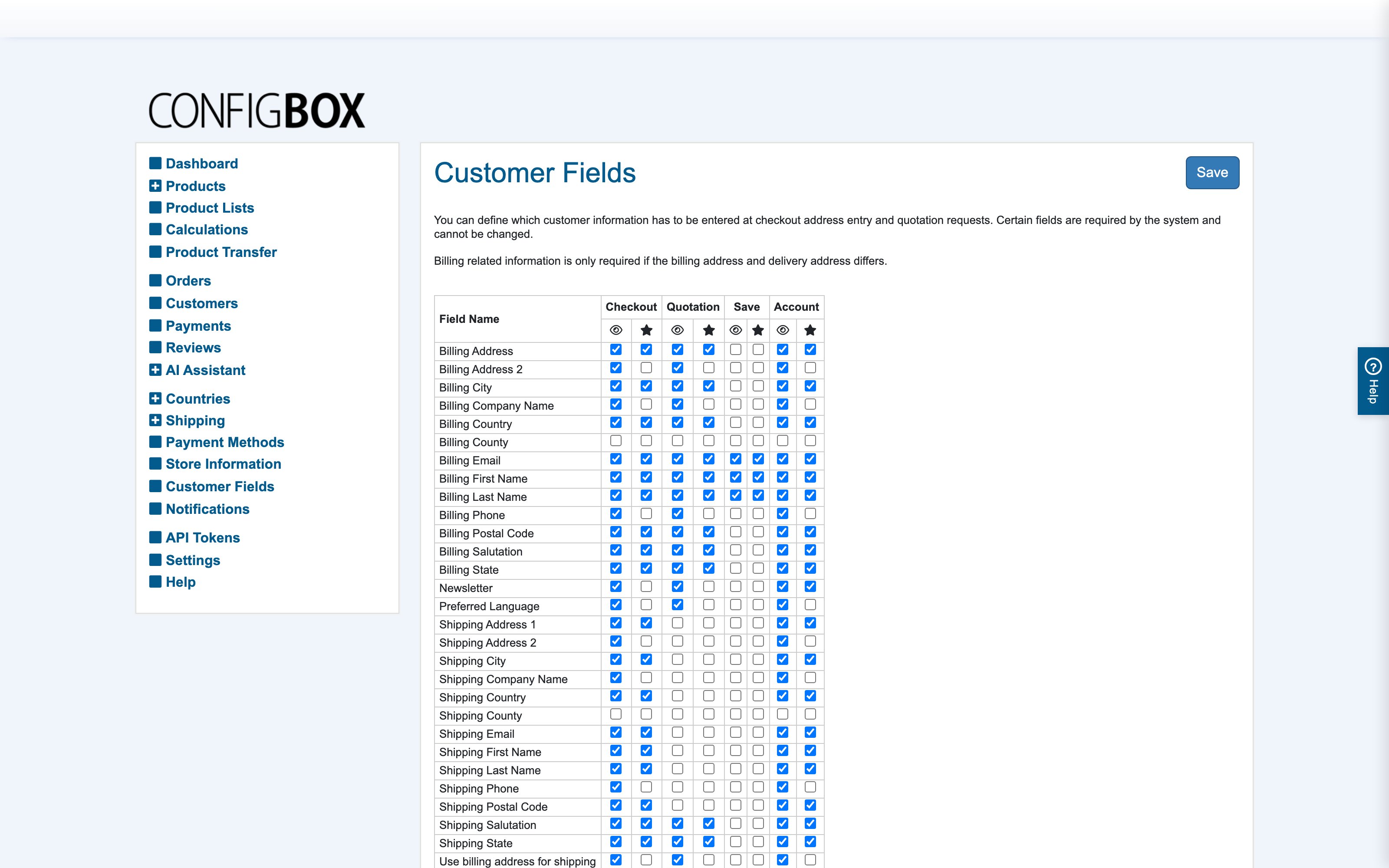 The Customer Fields matrix