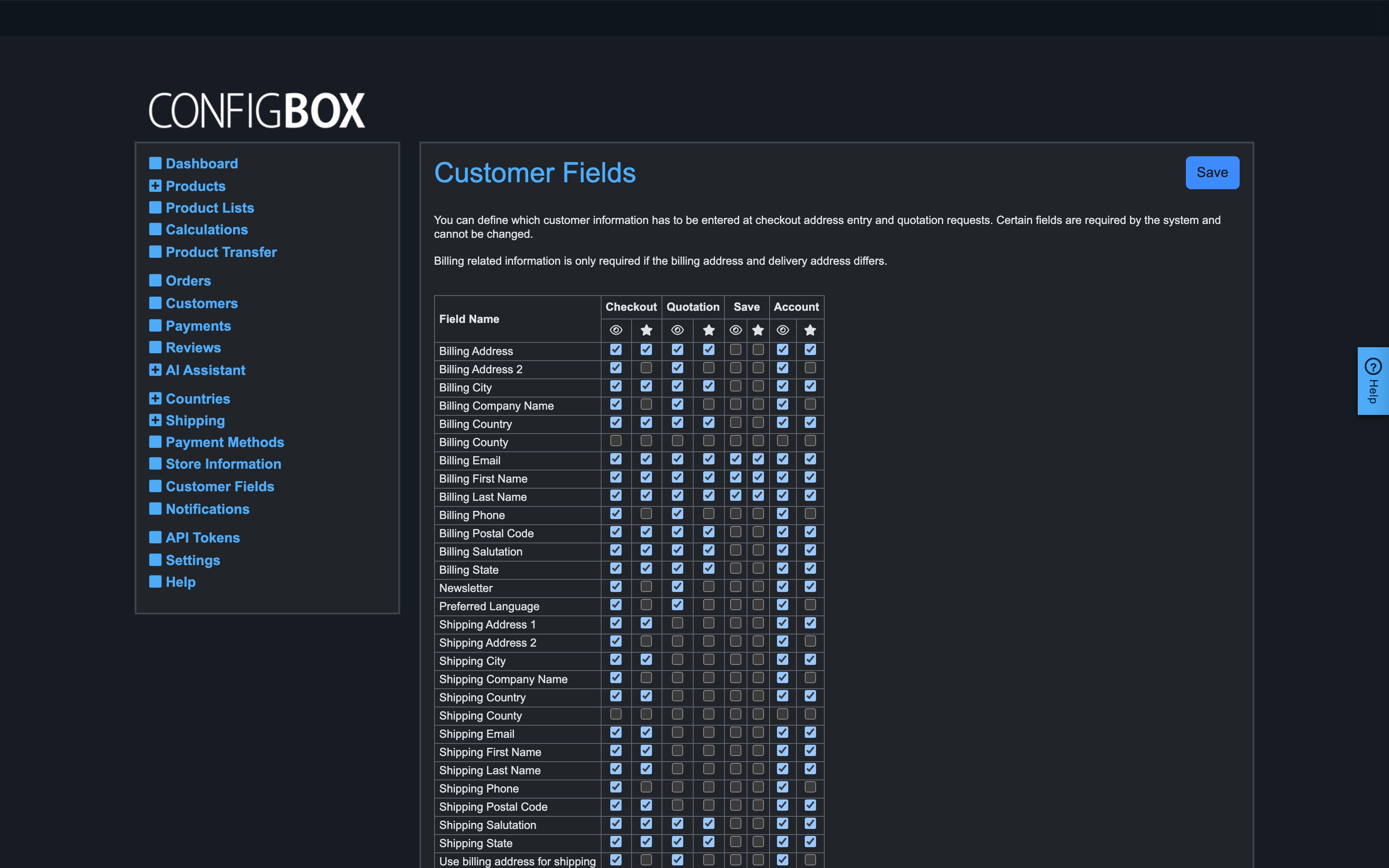 The Customer Fields matrix