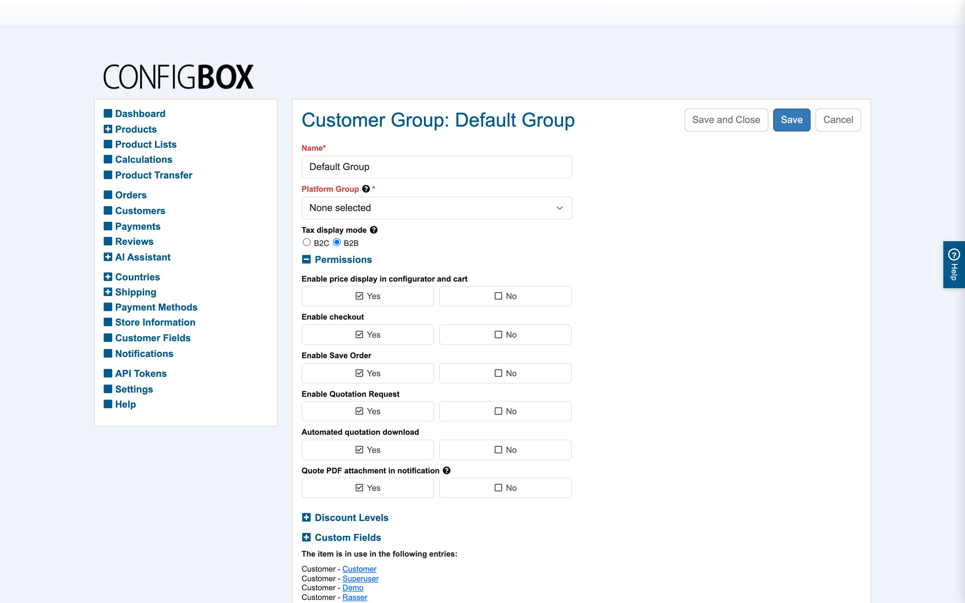 The customer group form
