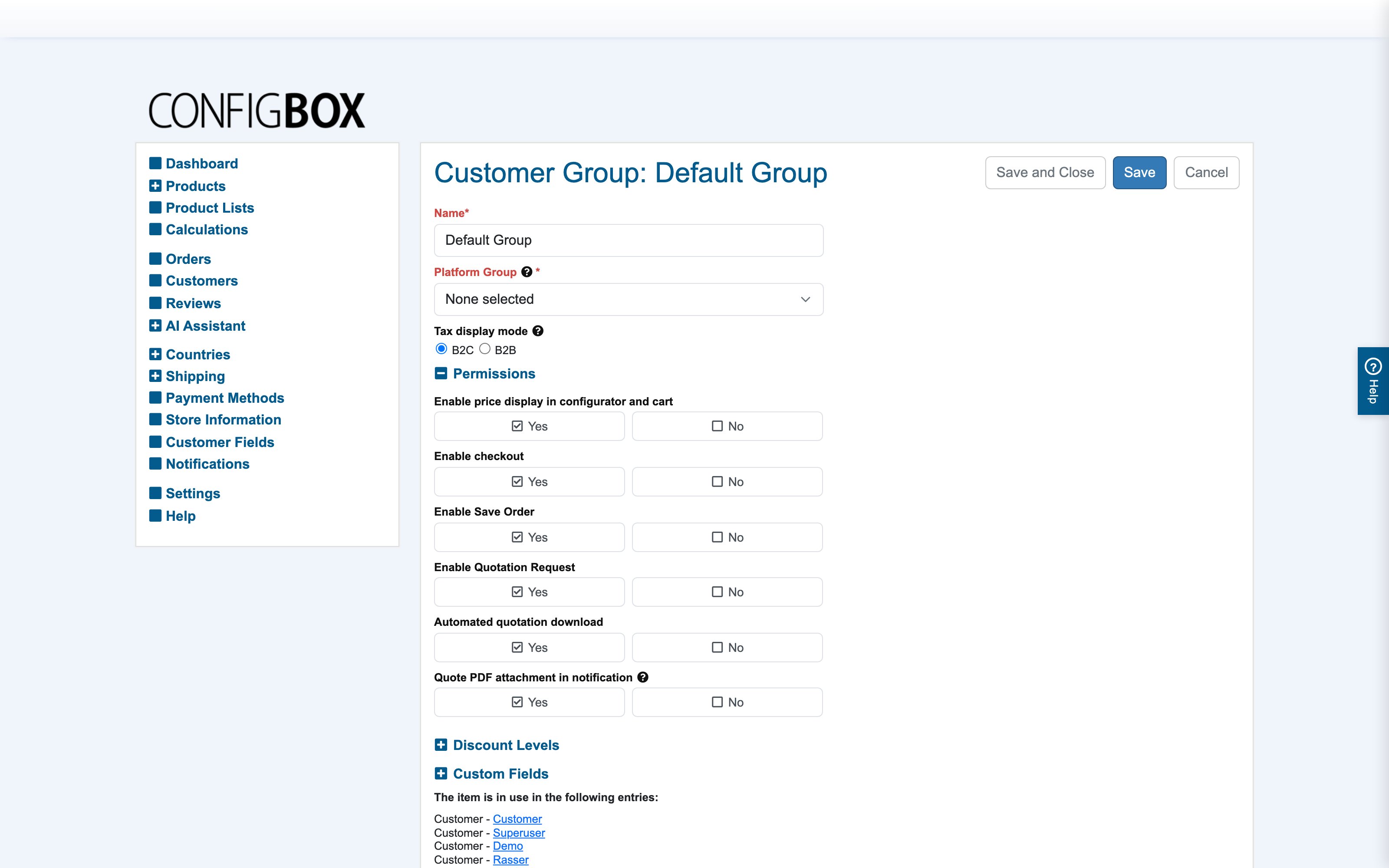 The customer group form
