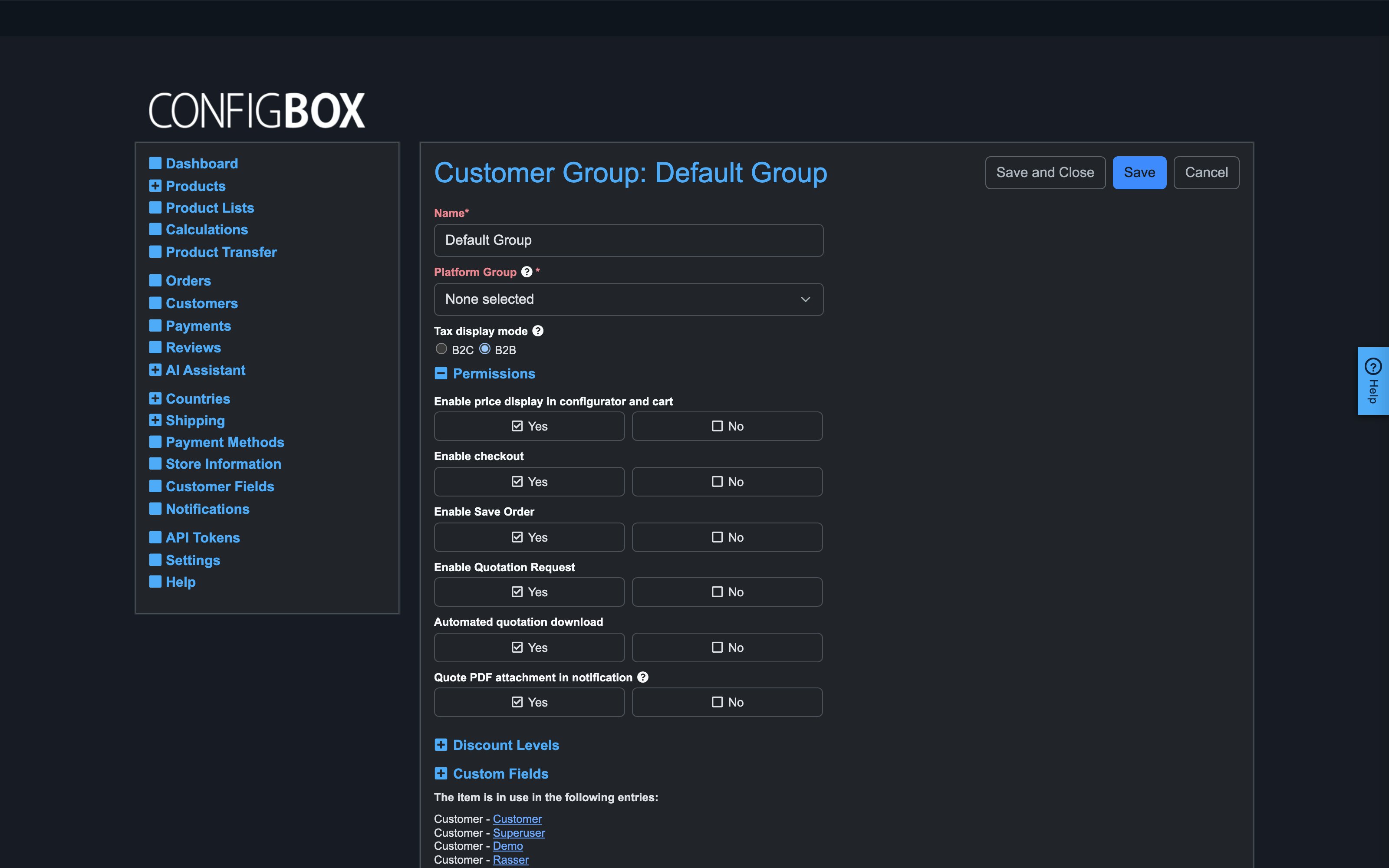 The customer group form