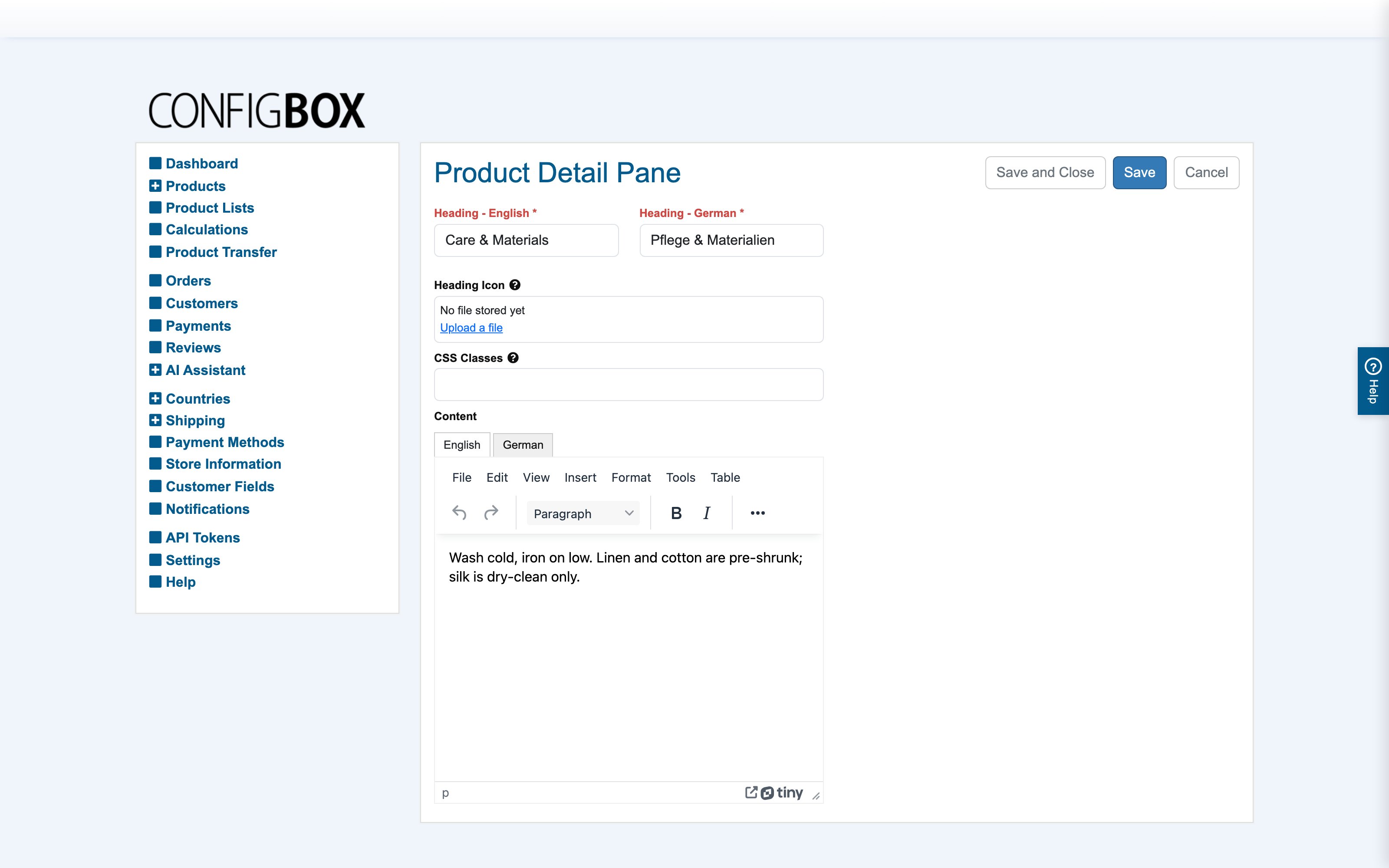 The detail-pane edit form