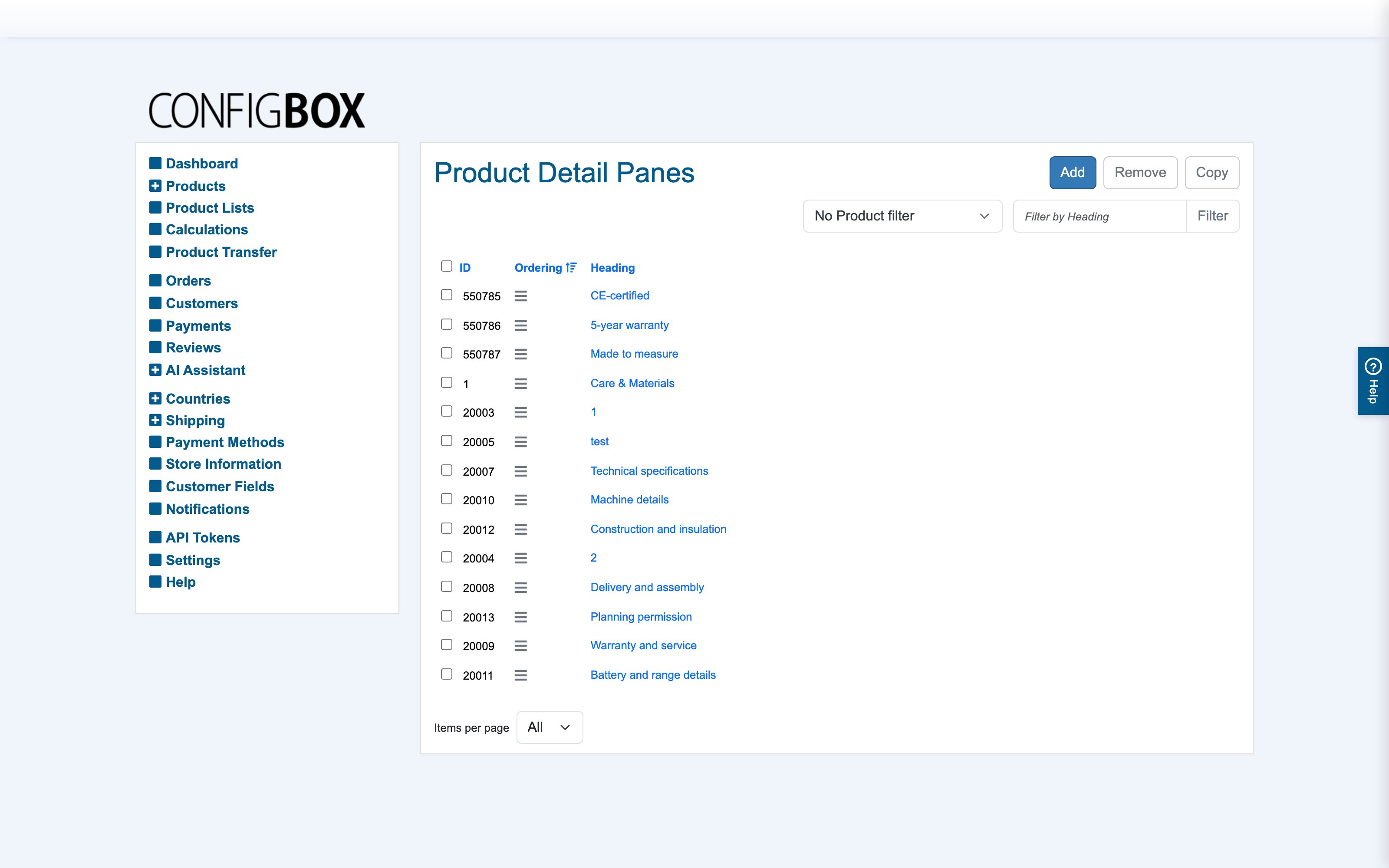 The Product Detail Panes list