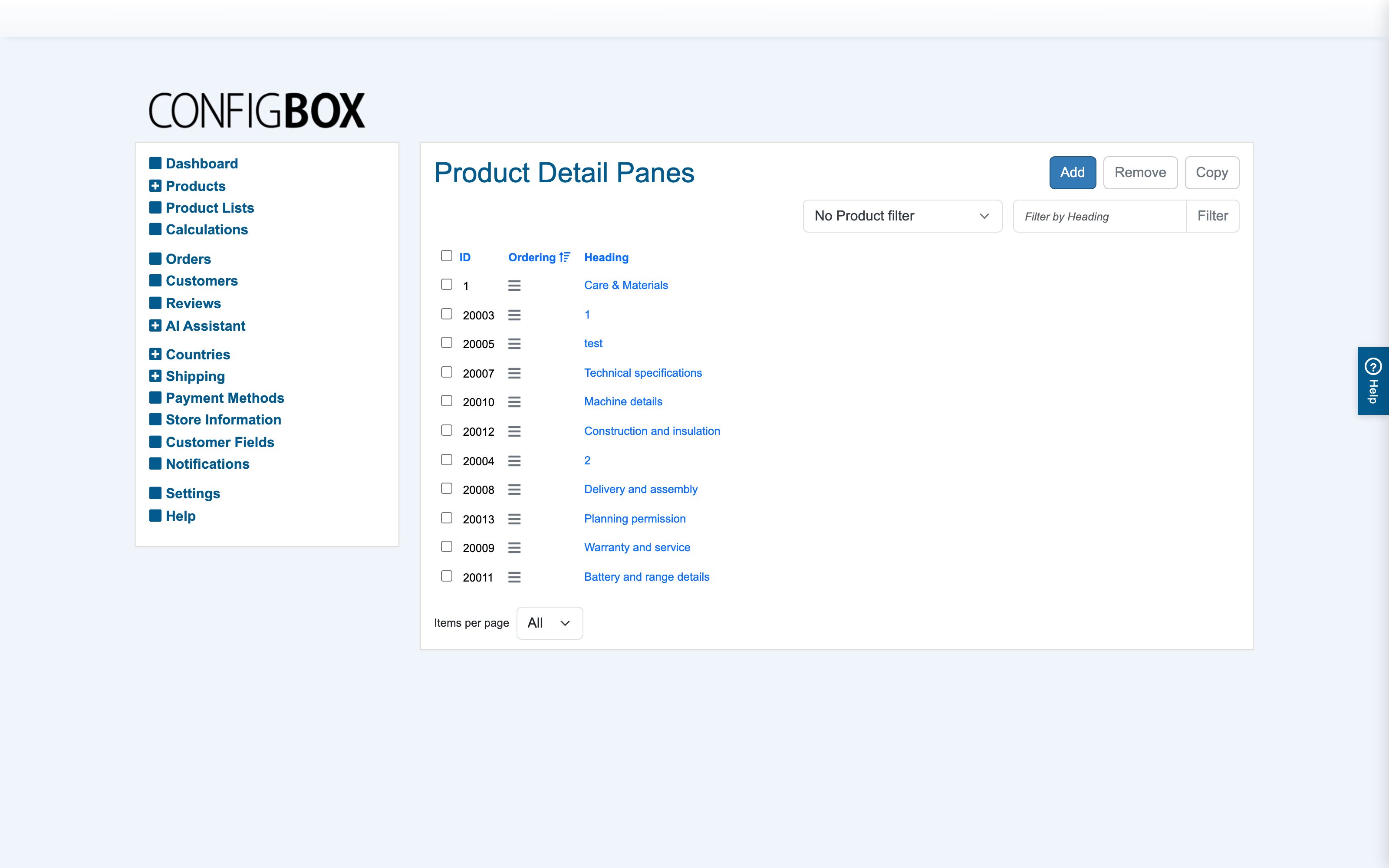 The Product Detail Panes list