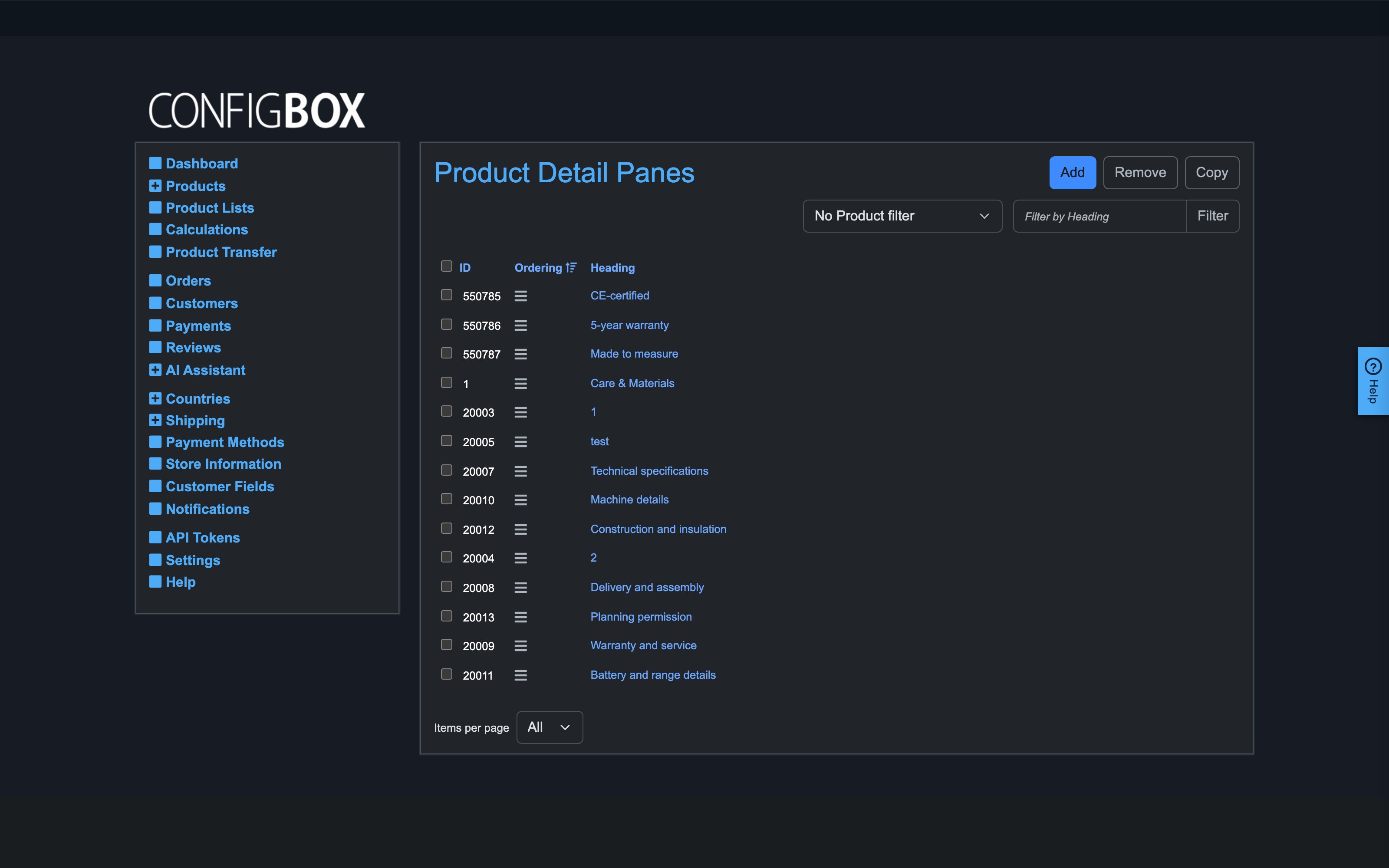 The Product Detail Panes list