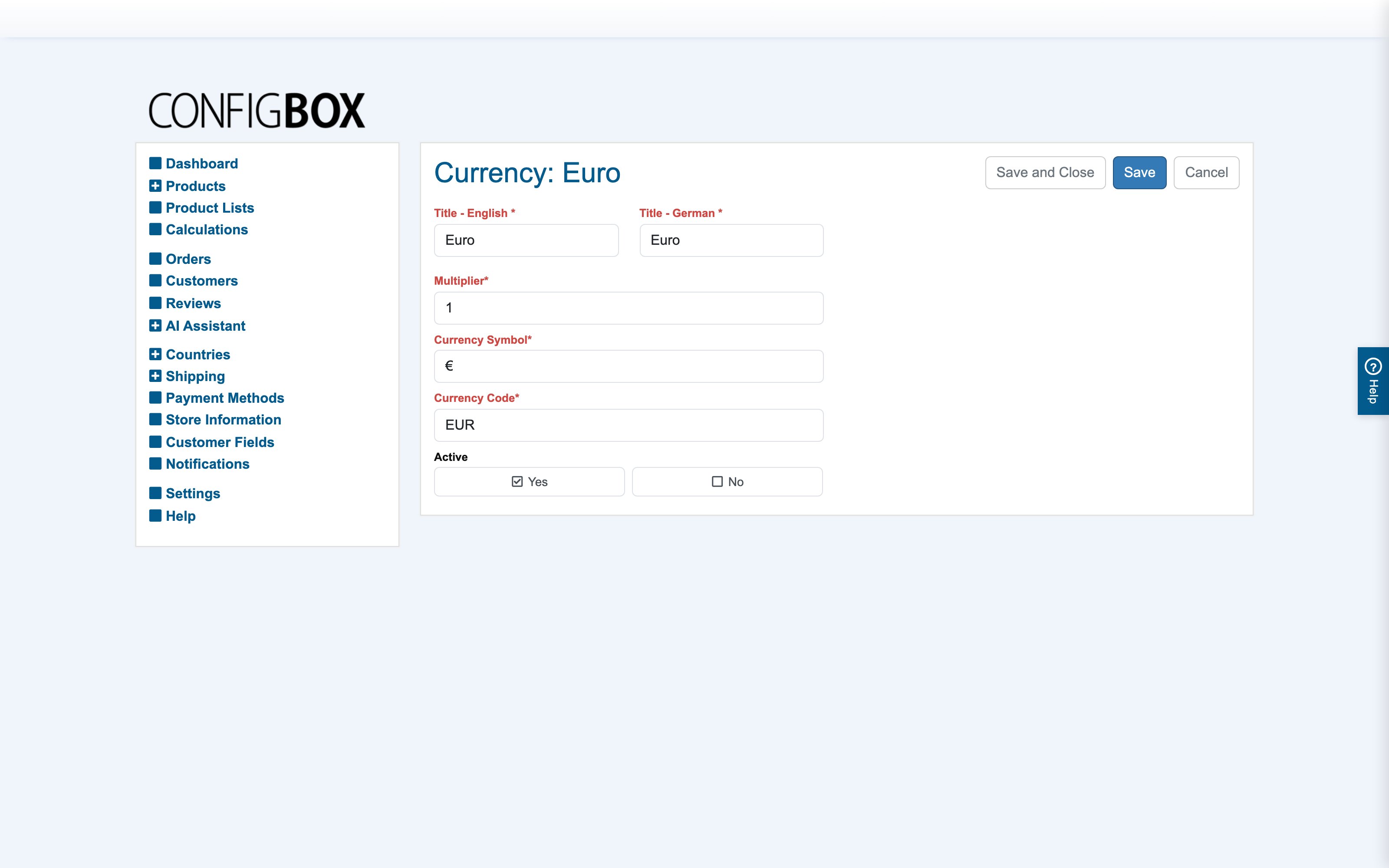 A typical edit form — a currency
