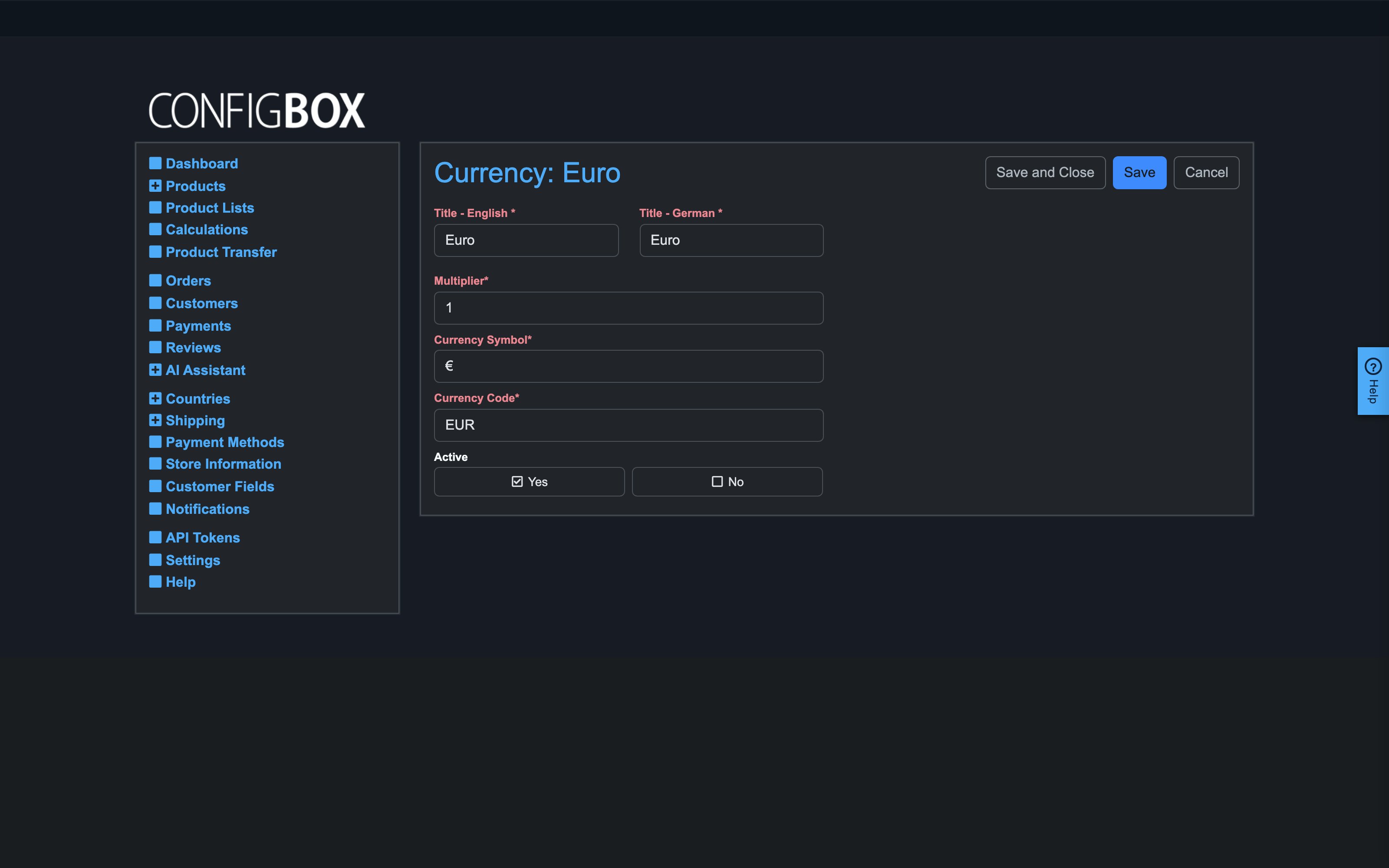 A typical edit form — a currency