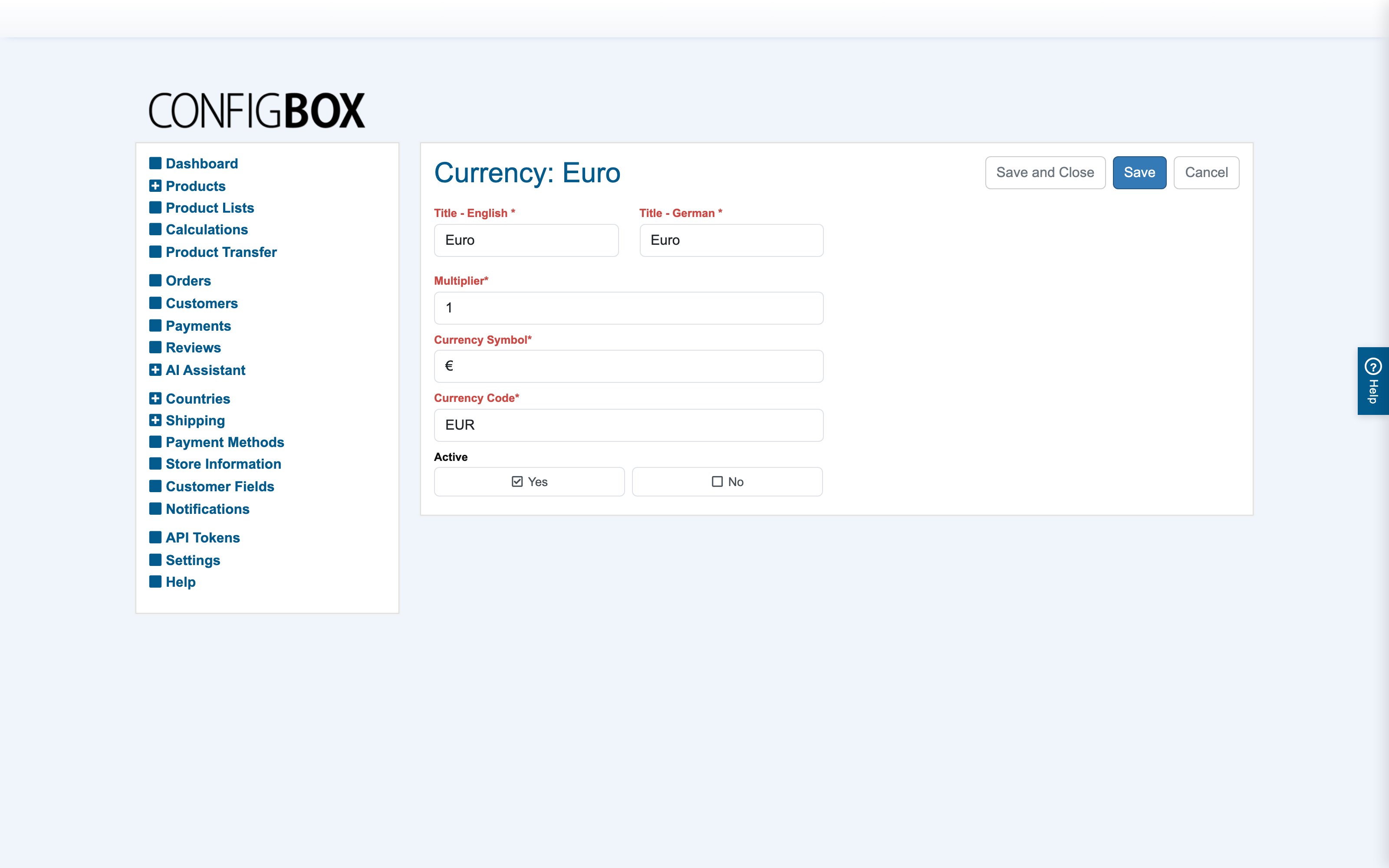 A typical edit form — a currency