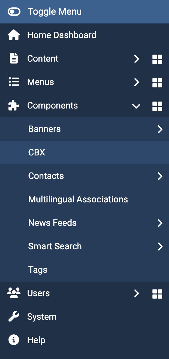 Joomla's sidebar with Components open and the CBX entry highlighted