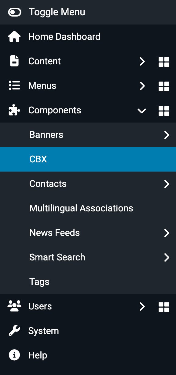 Joomla's sidebar with Components open and the CBX entry highlighted
