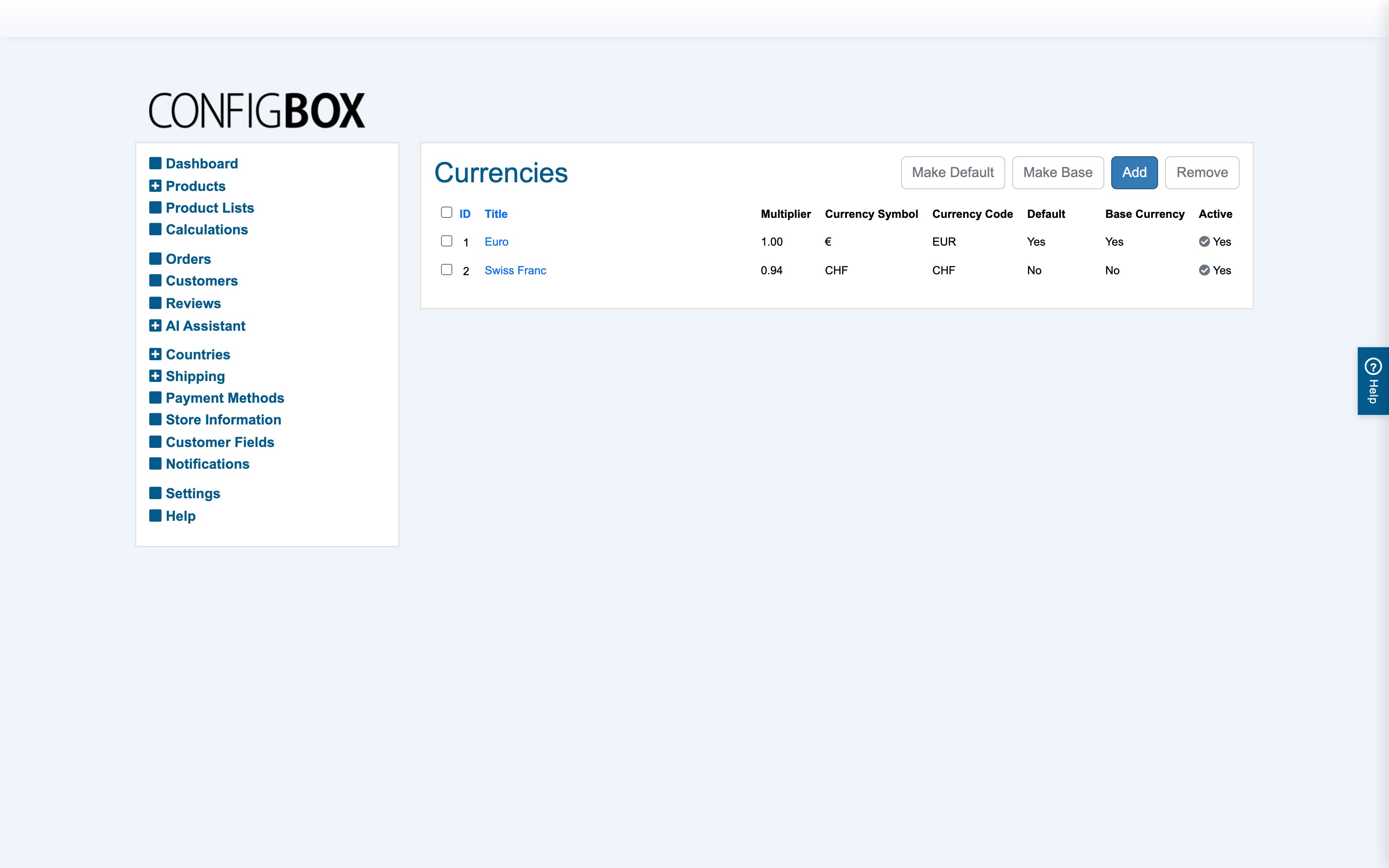A typical list screen — Currencies