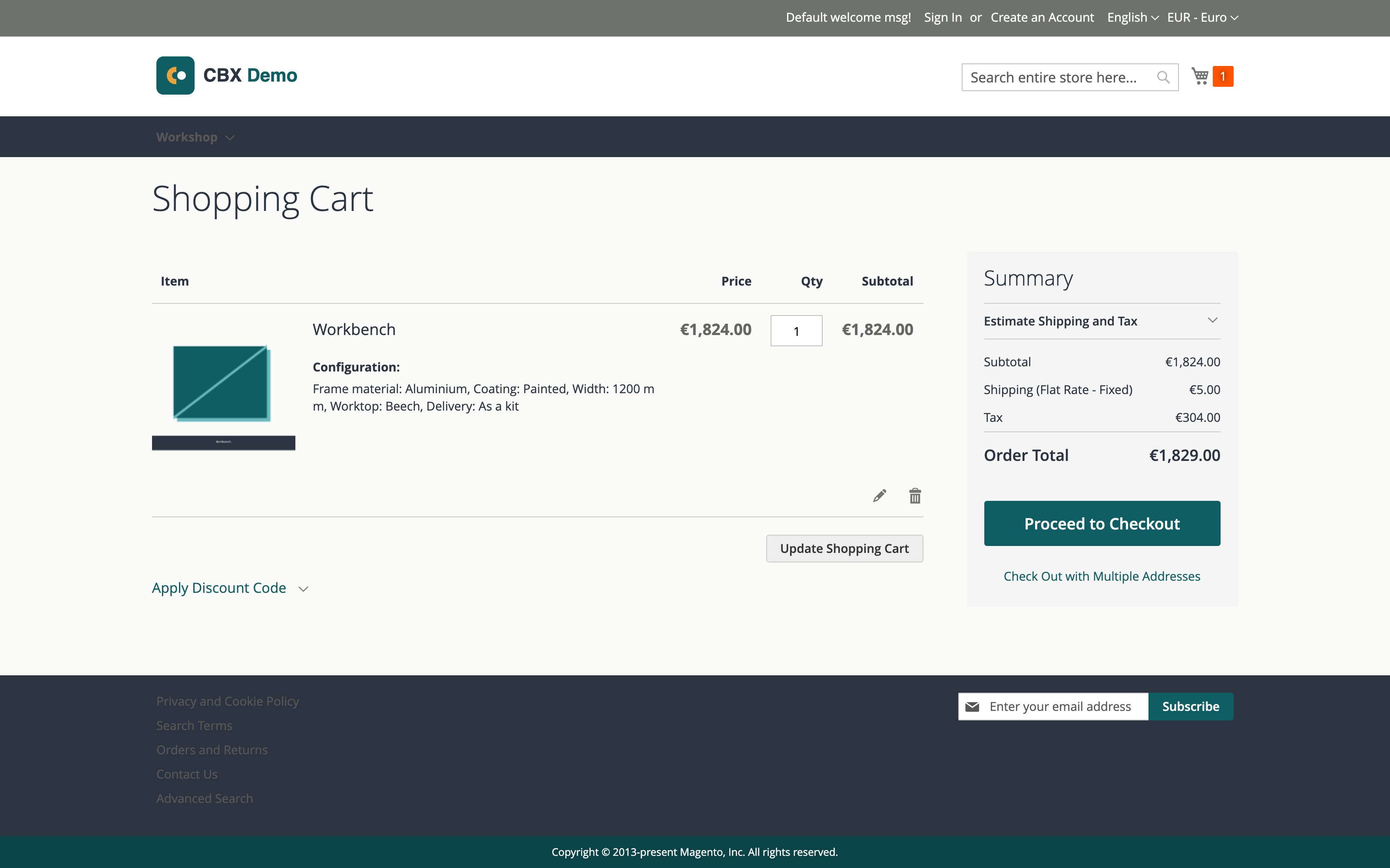 A Magento cart line showing the configured answers under Configuration, at the CBX-calculated price