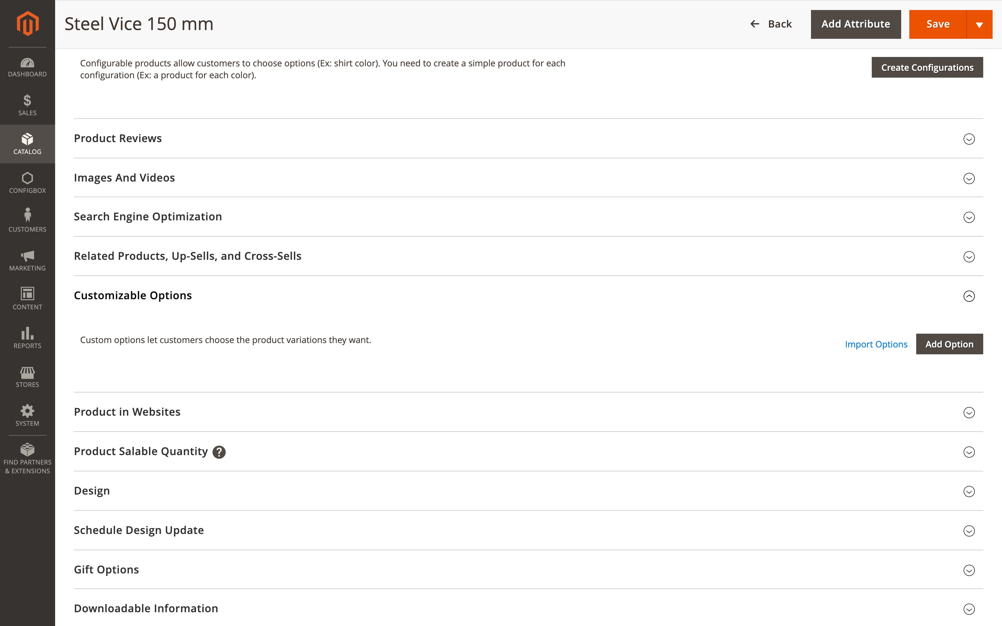 A product's custom option of type CBX Configuration