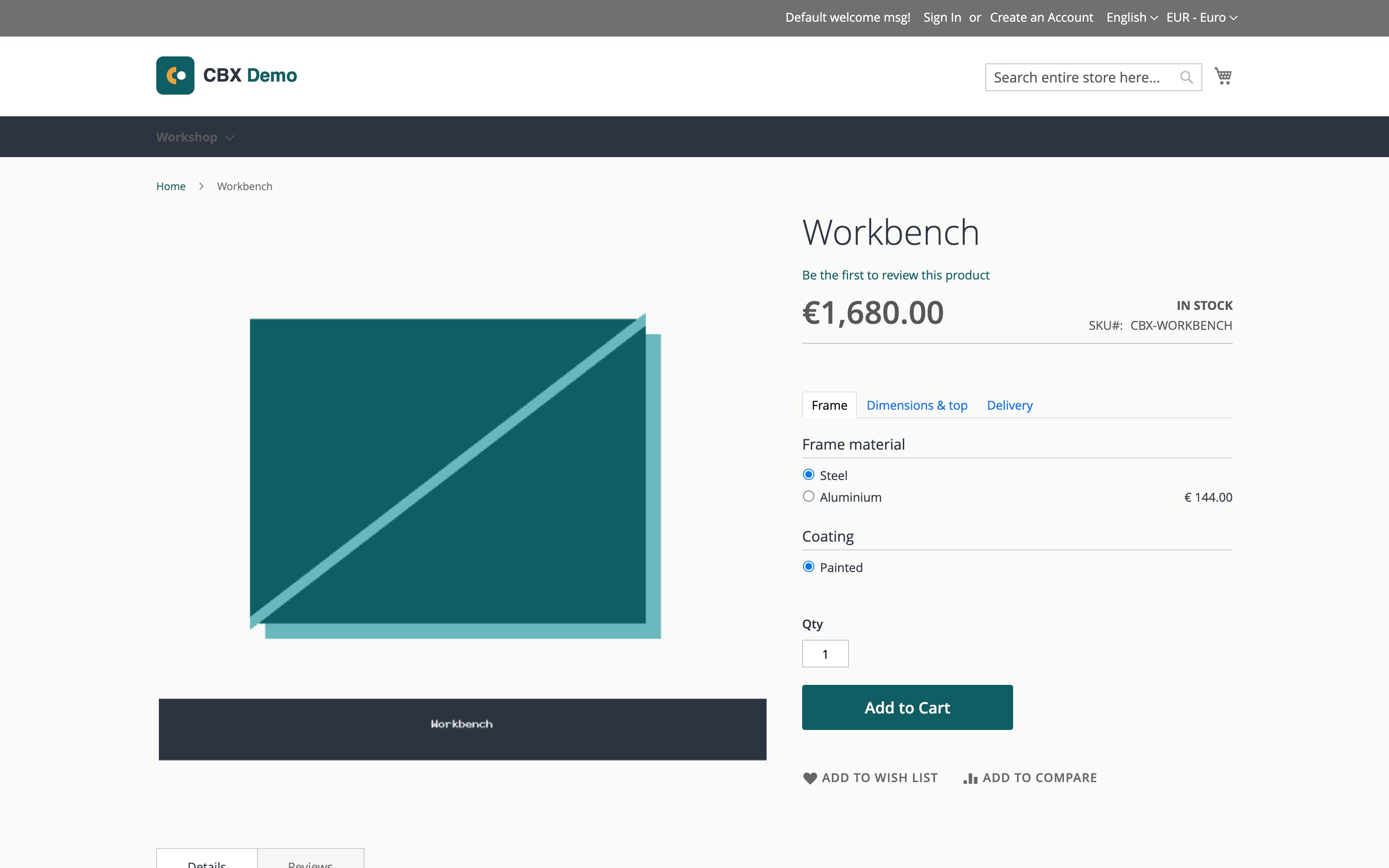 The storefront product page with the CBX configurator in the product-options area and the visual preview in the gallery