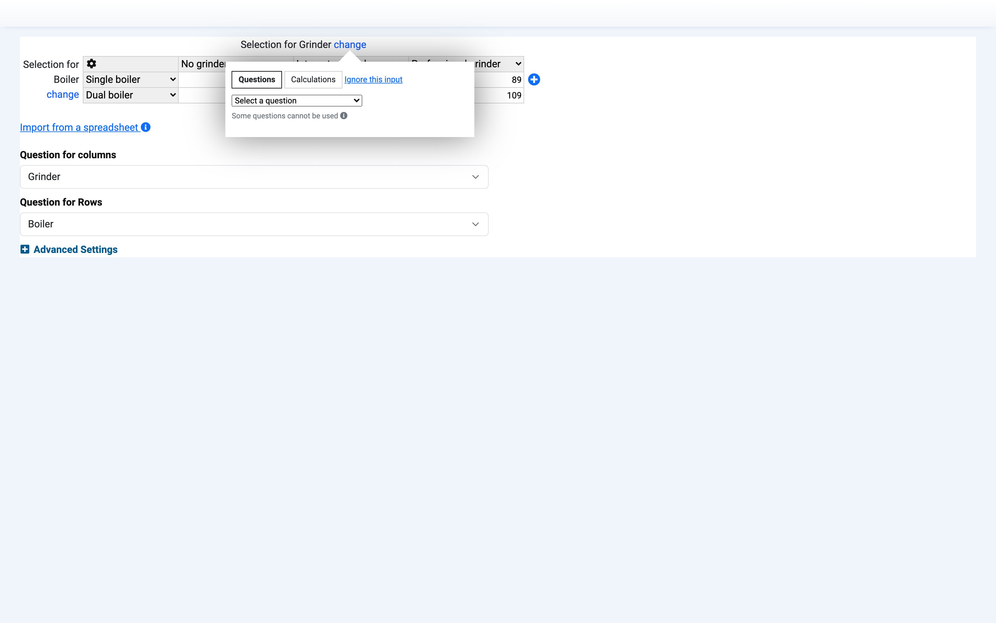 The axis picker, with the Questions and Calculations tabs