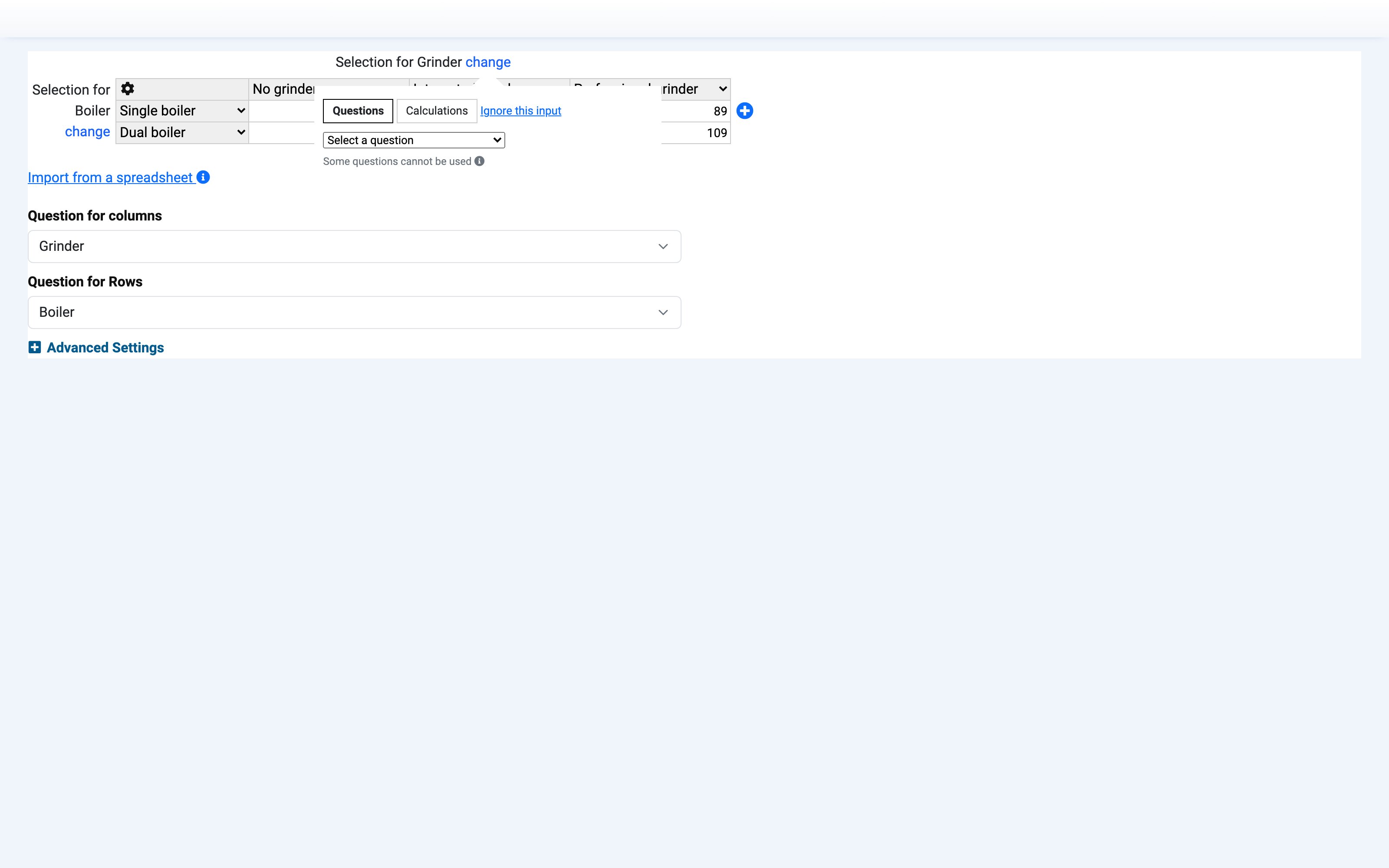 The axis picker, with the Questions and Calculations tabs