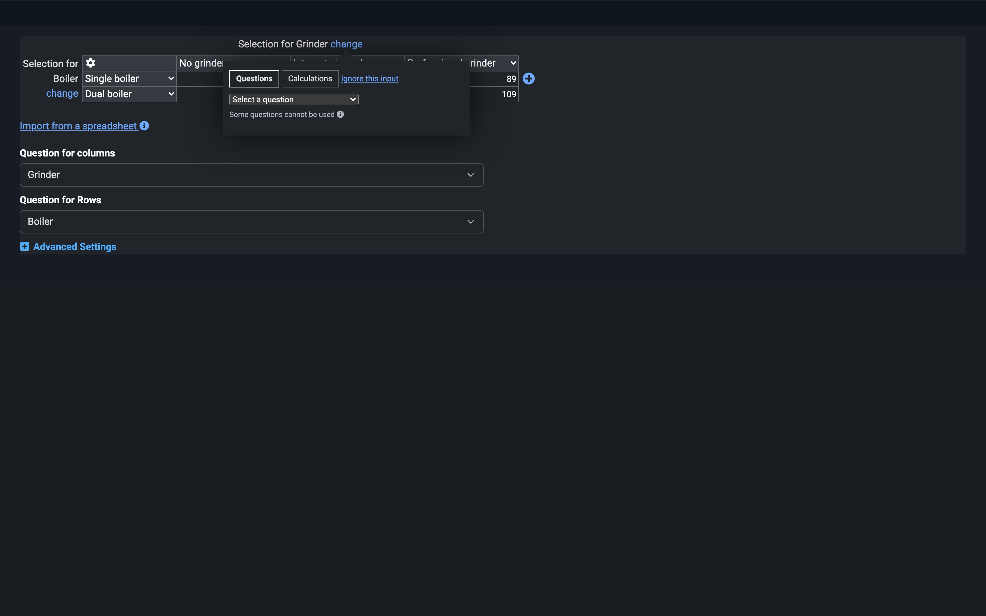 The axis picker, with the Questions and Calculations tabs