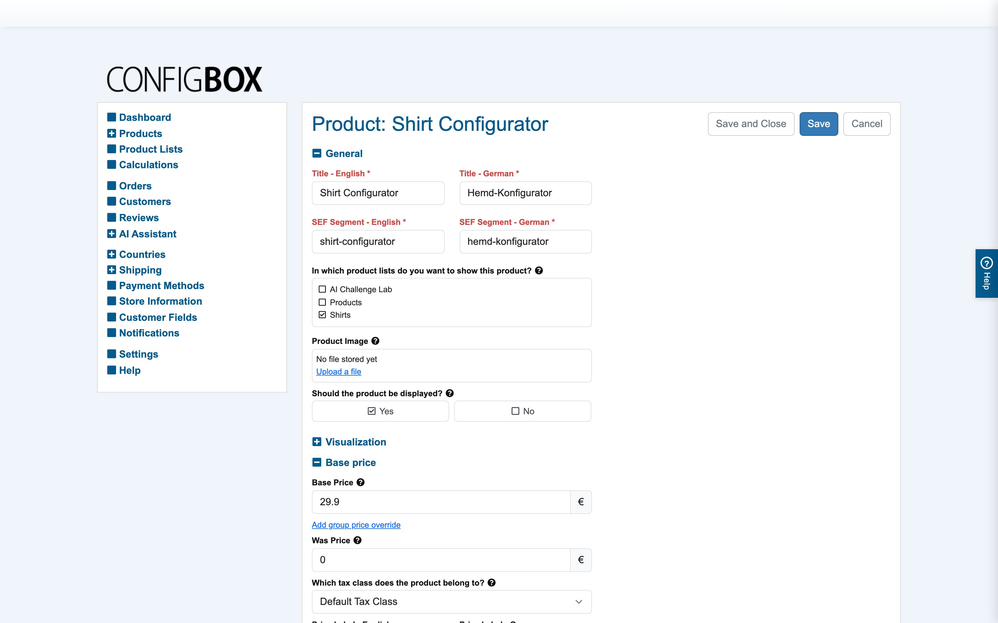 The product form, General and Visualization sections