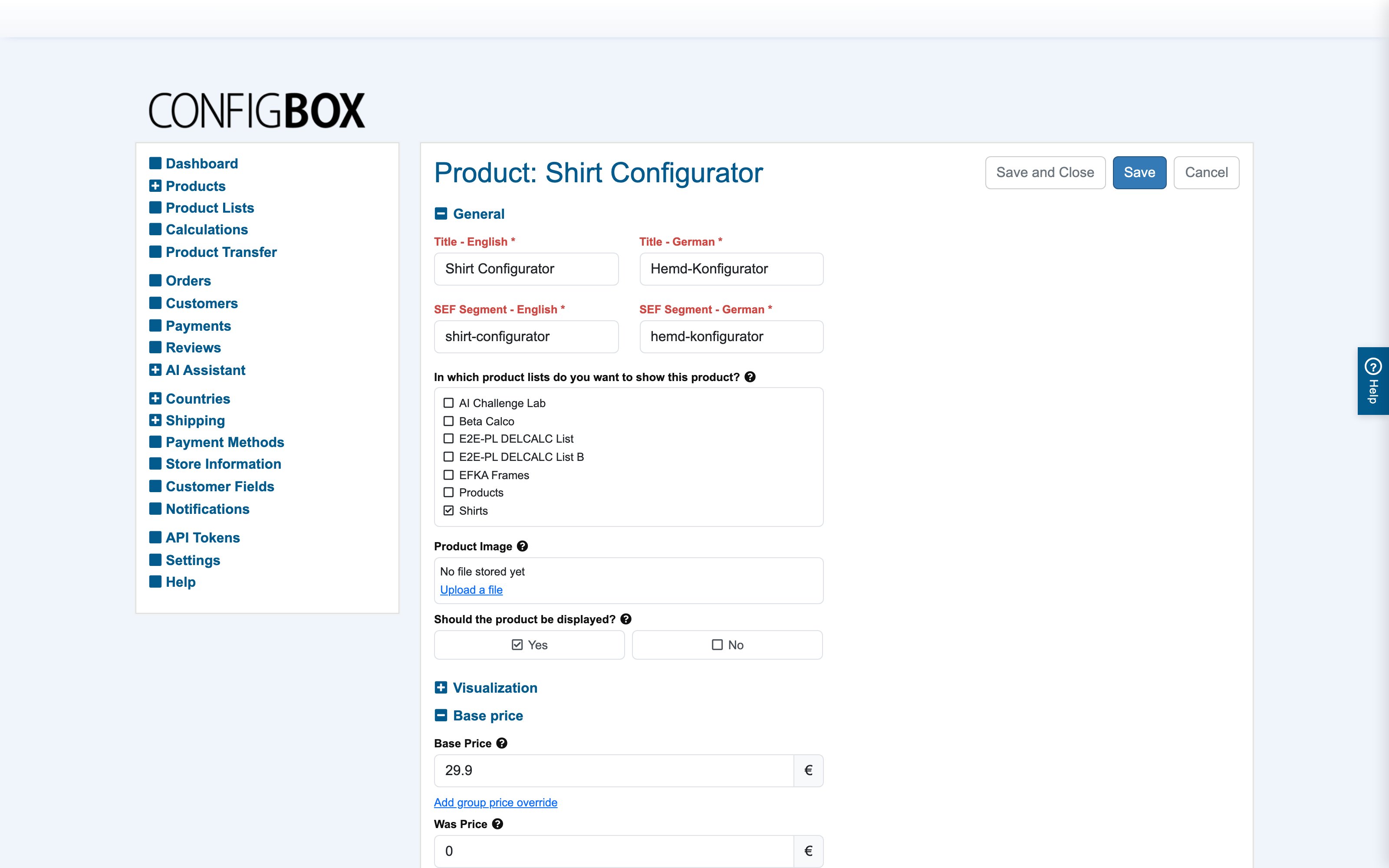 The product form, General and Visualization sections