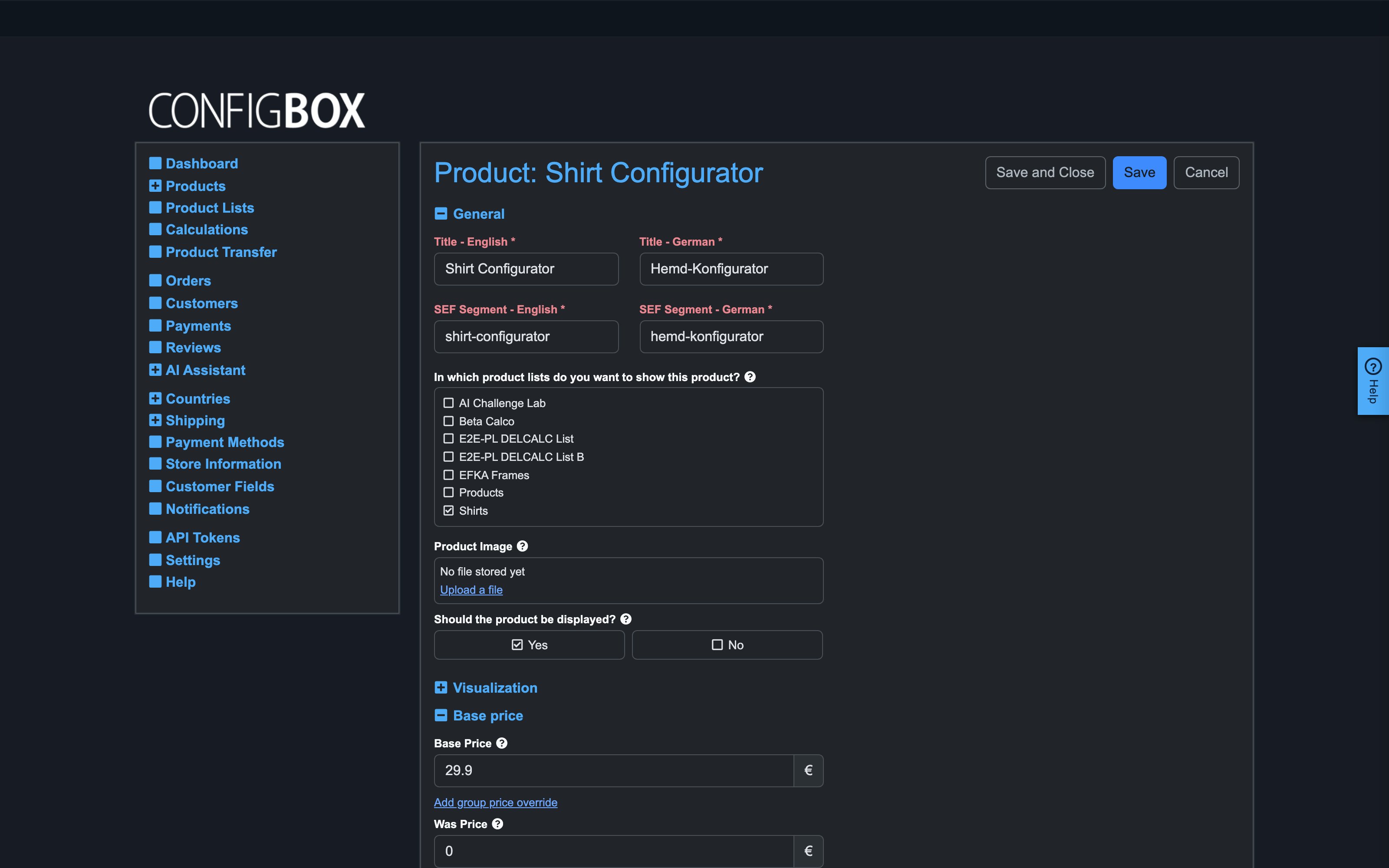 The product form, General and Visualization sections