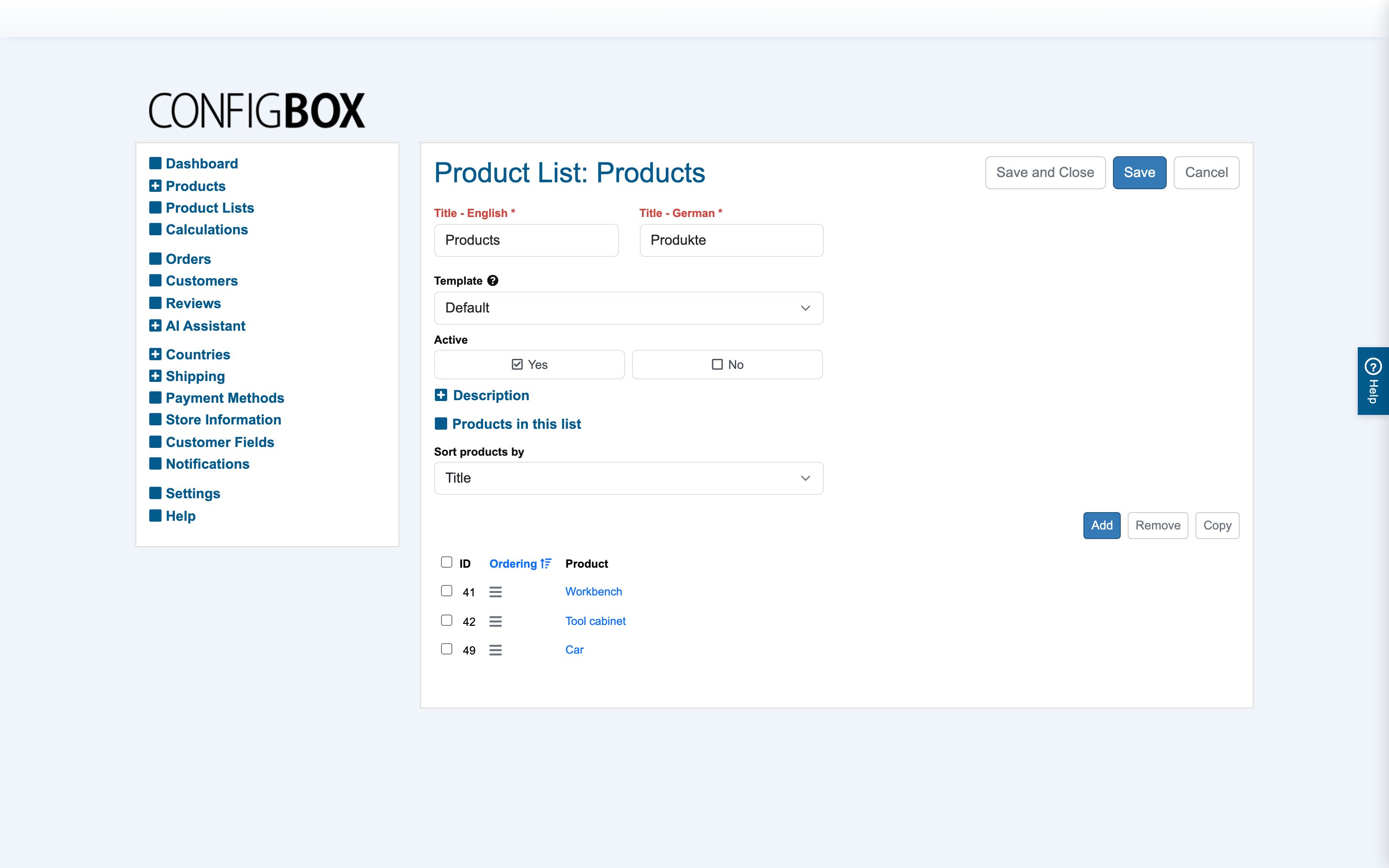 The product list form