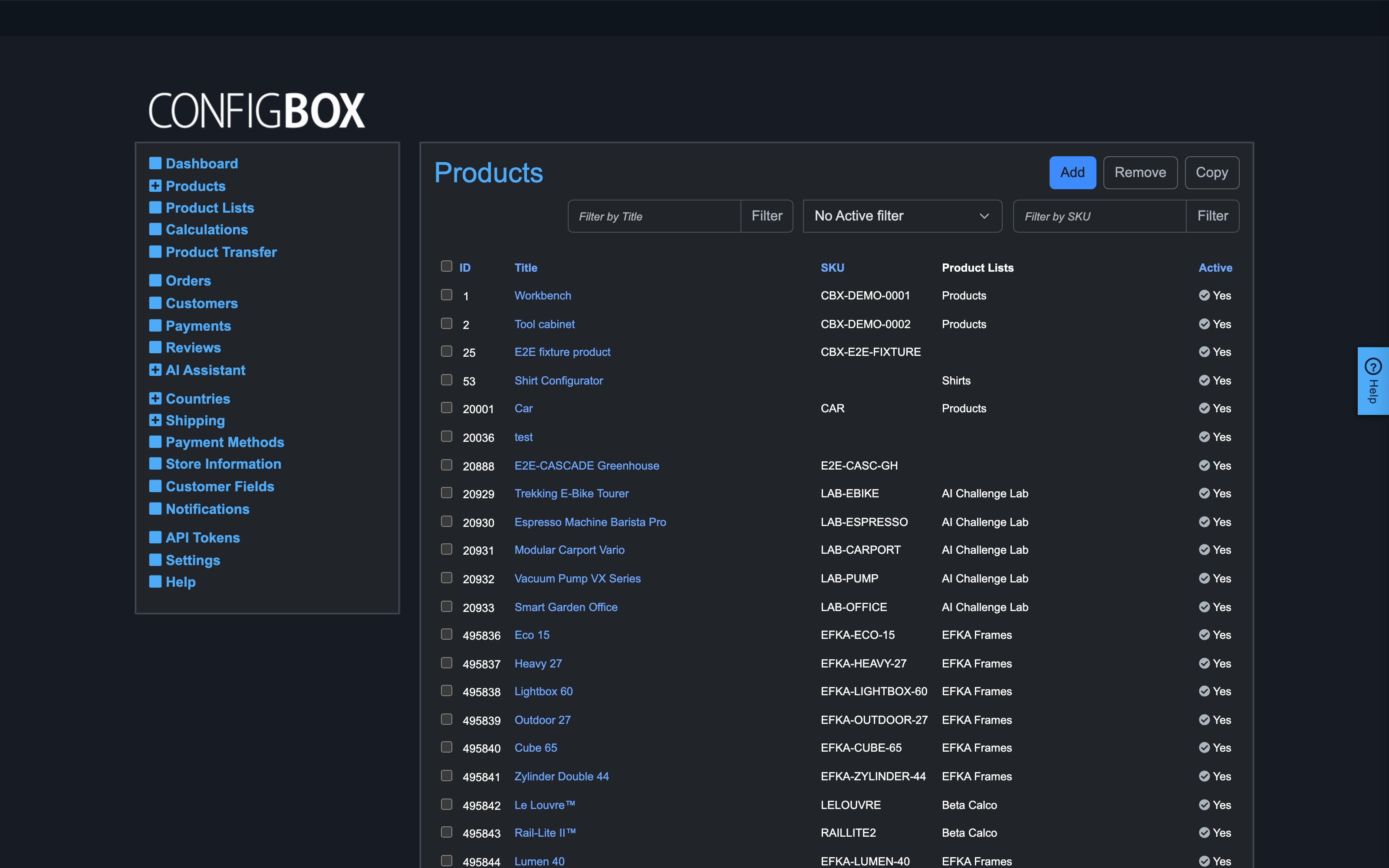 The Products list with Add, Remove and Copy