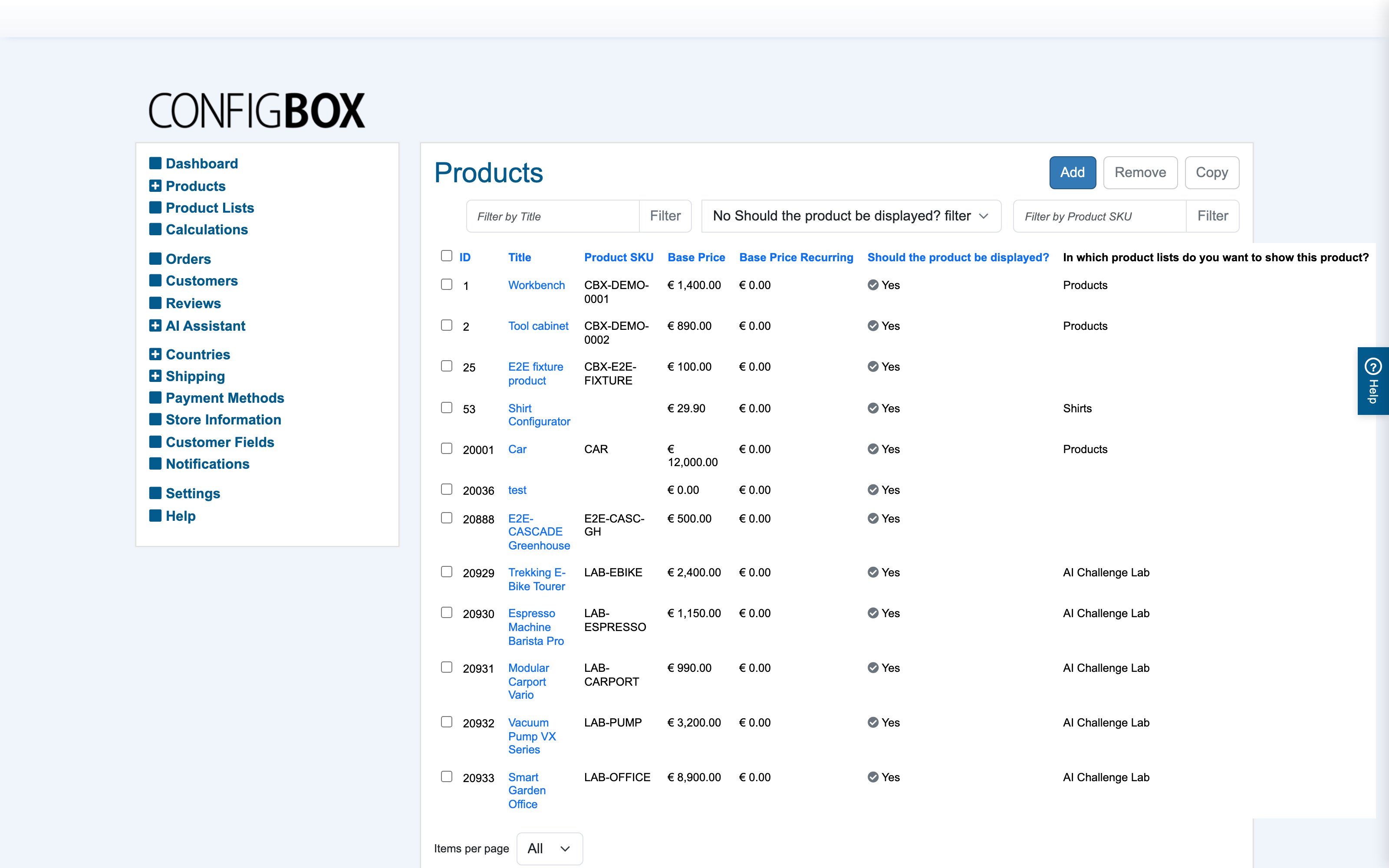 The Products list with Add, Remove and Copy