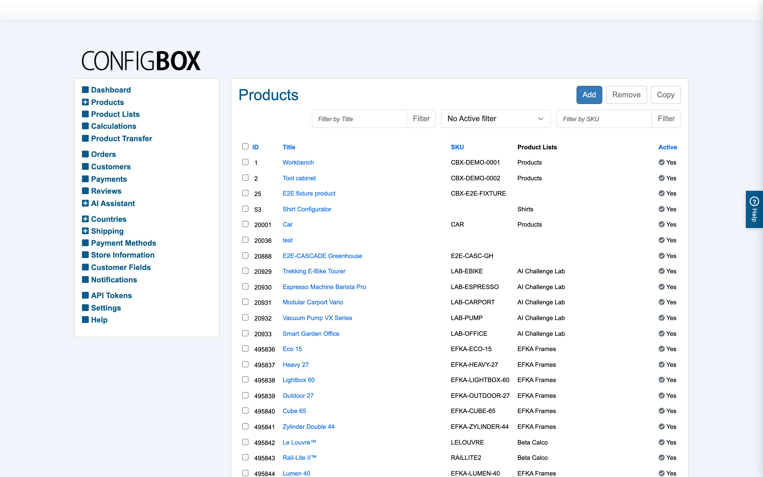 The Products list with Add, Remove and Copy