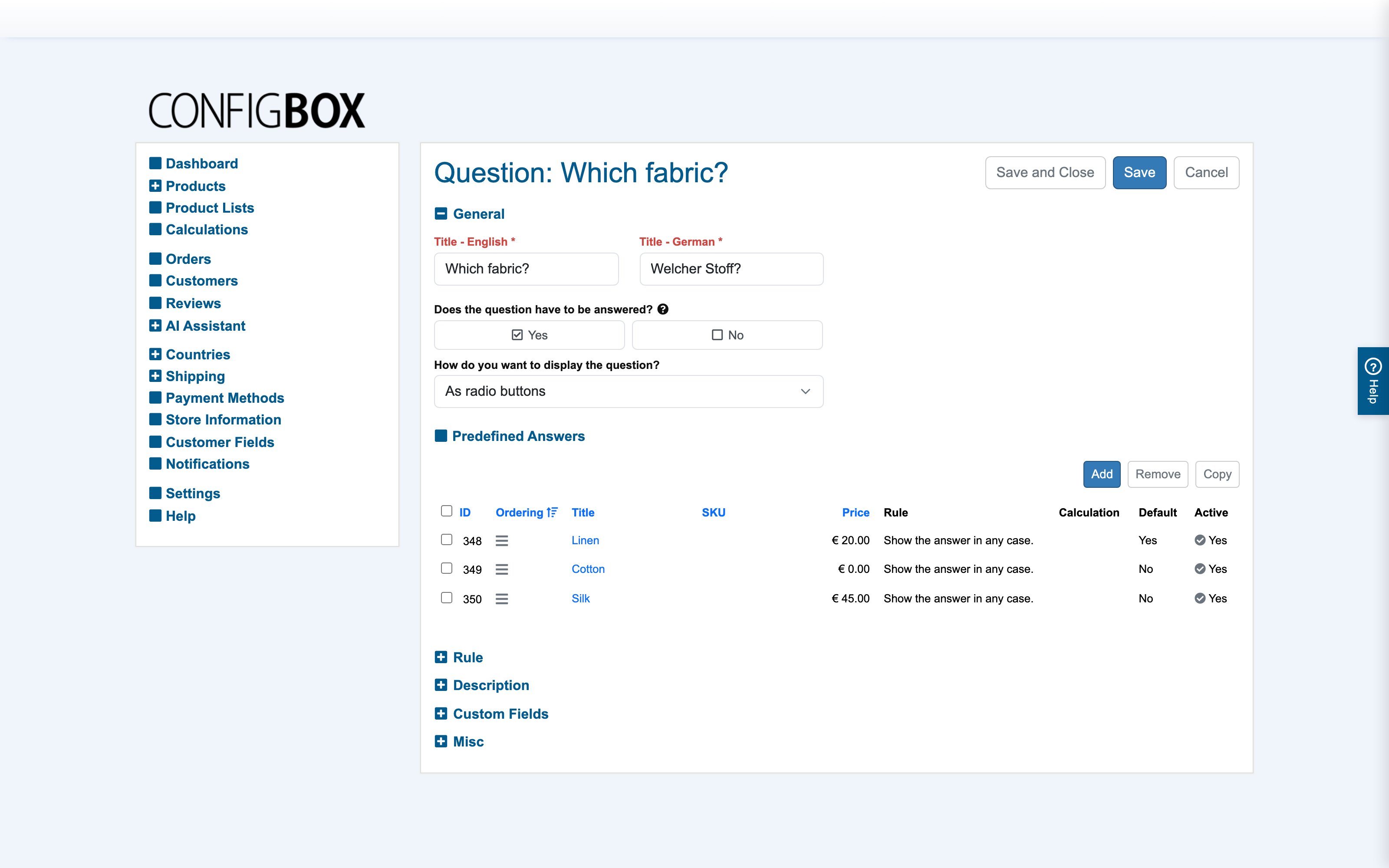 A question's Predefined Answers