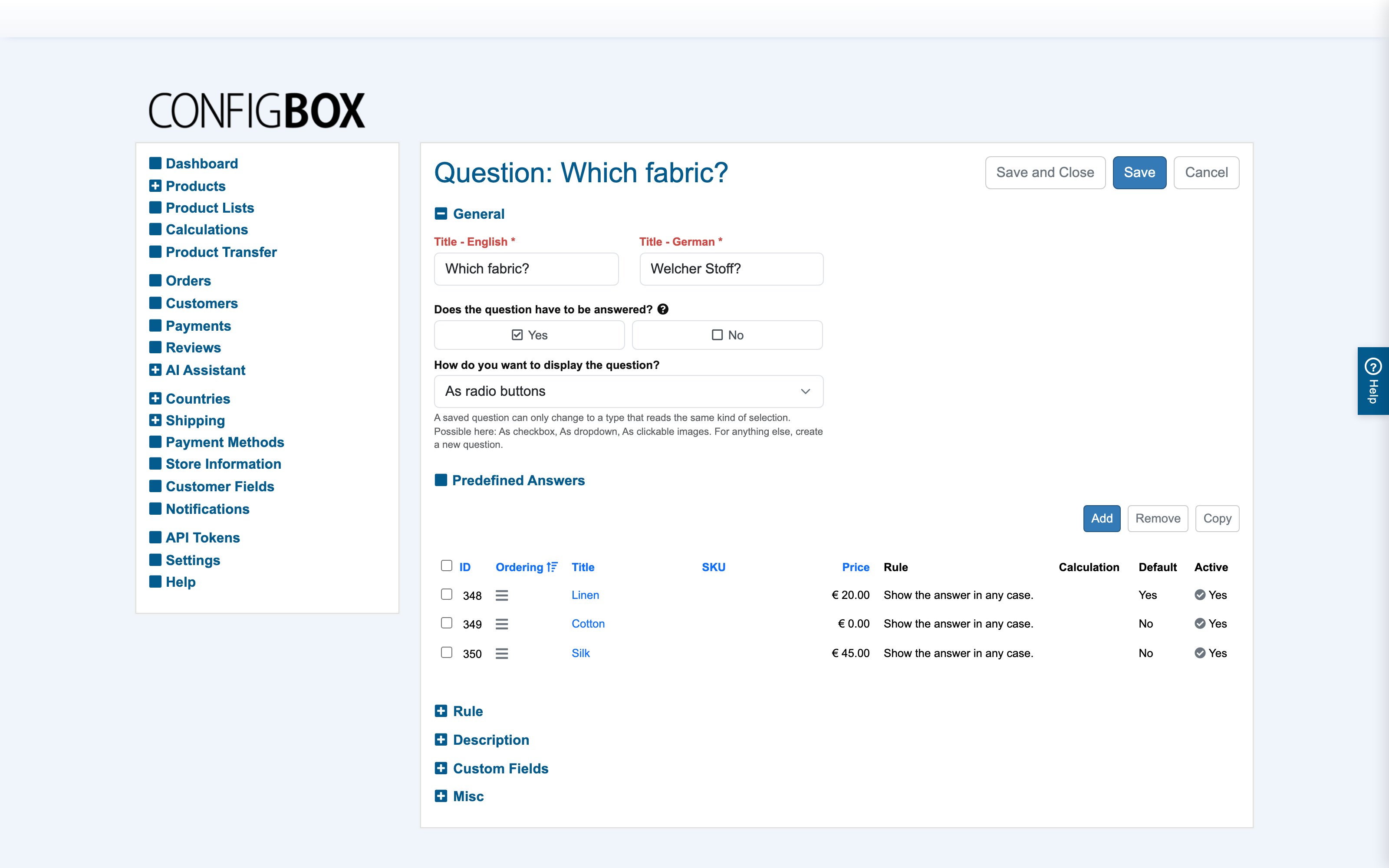A question's Predefined Answers