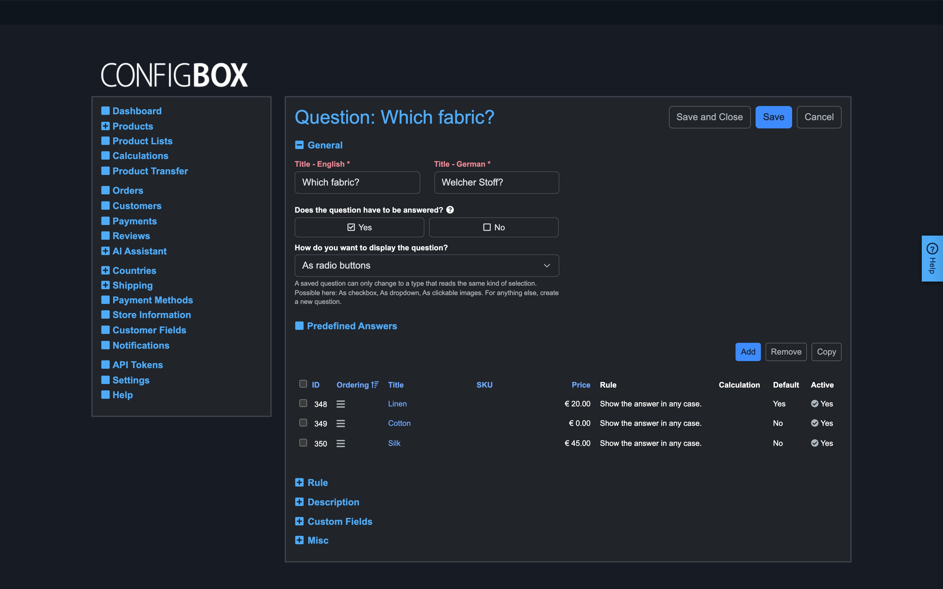 A question's Predefined Answers