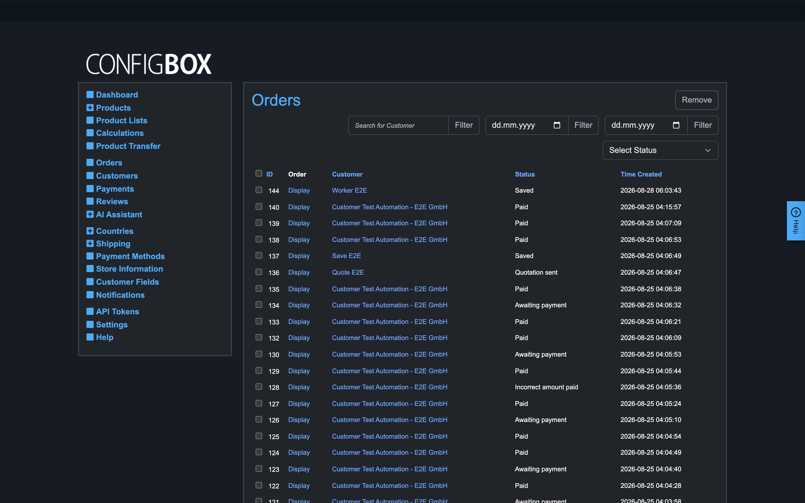 The Orders list showing Saved and Quotation-sent rows