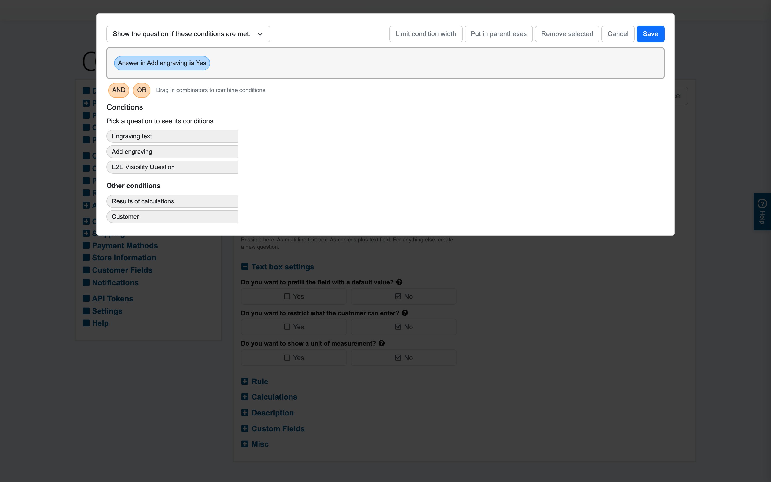 Recipe 1 in the rule editor: show "Engraving text" if the answer in "Add engraving" is "Yes"