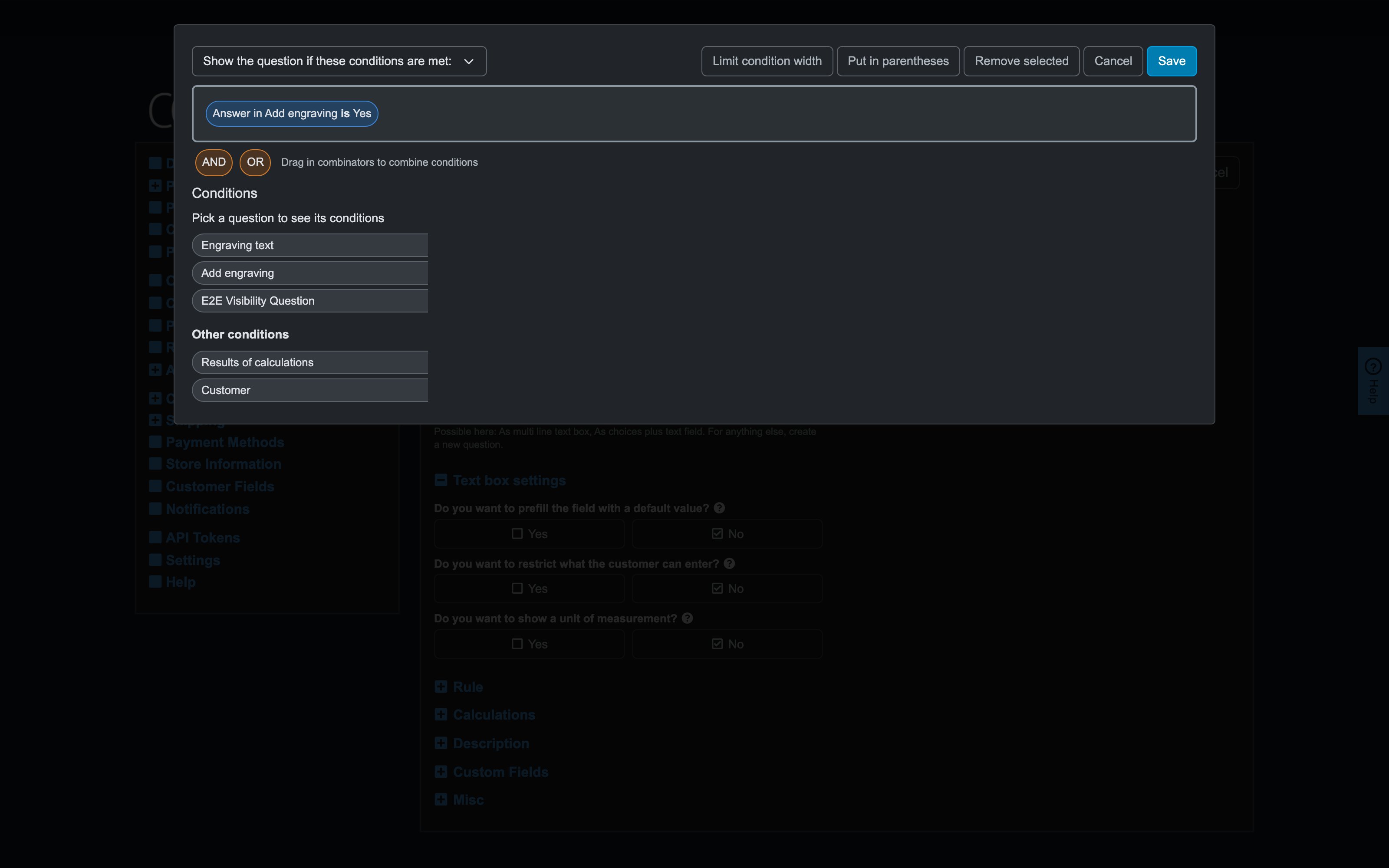 Recipe 1 in the rule editor: show "Engraving text" if the answer in "Add engraving" is "Yes"